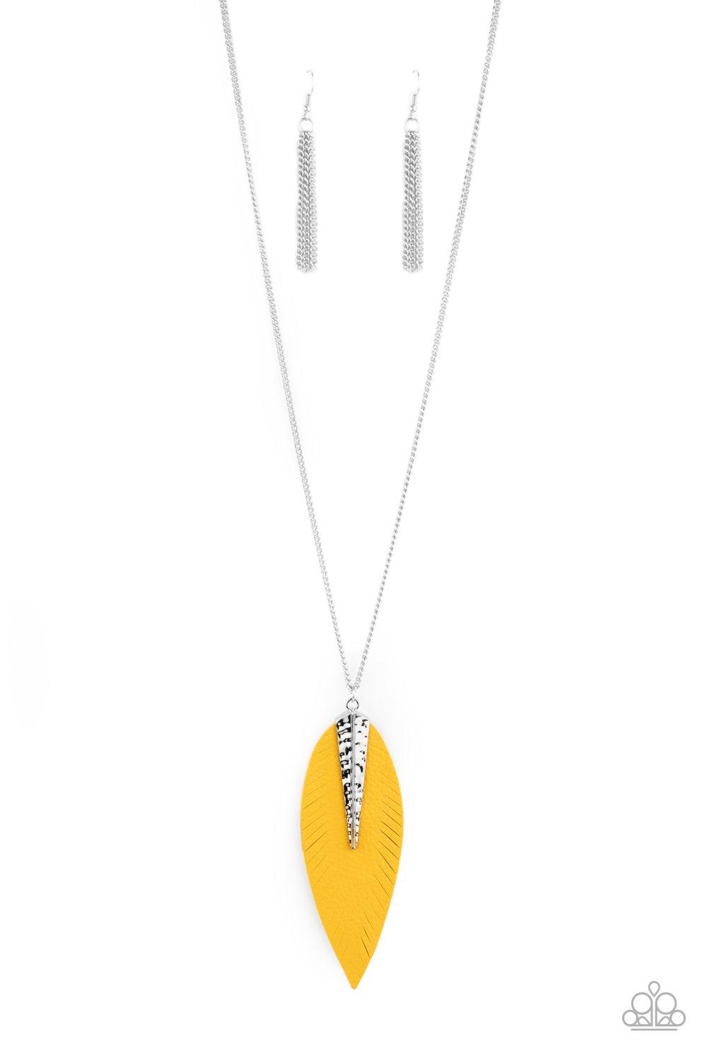 Paparazzi Accessories Quill Quest - Yellow Pinched between a hammered silver fitting, a leaf shaped yellow leather frame is spliced into feathery detail at the bottom of a lengthened silver chain for a free-spirited look. Features an adjustable clasp clos