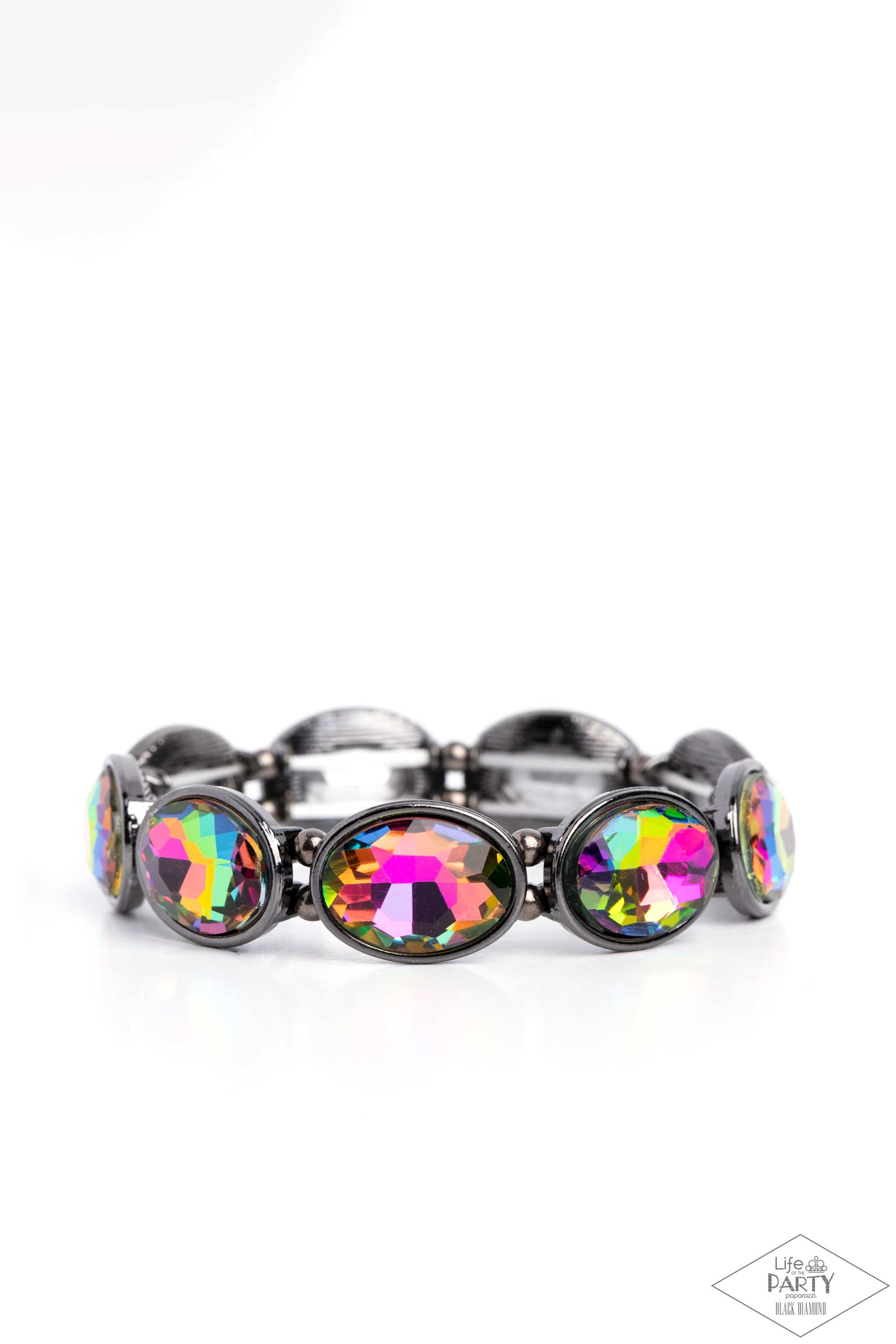 Paparazzi Accessories Diva In Disguise - Multi Glittery oil spill gems are pressed into sleek gunmetal frames. Infused with dainty gunmetal beads, the sparkly frames are threaded along stretchy bands for a glamorous look around the wrist. Sold as one indi