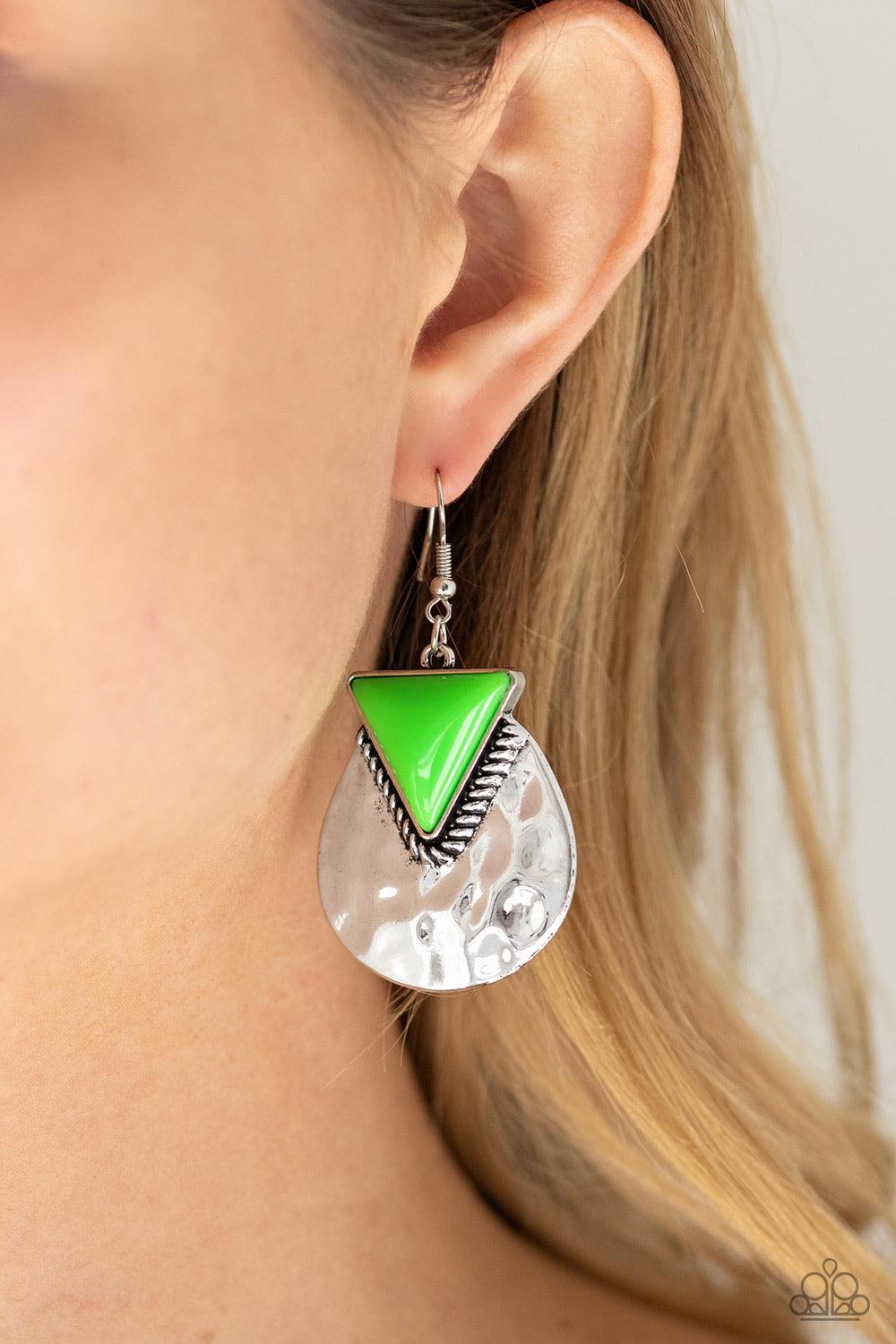 Paparazzi Accessories Road Trip Treasure - Green A neon green triangular bead is pressed into the top of a hammered silver lure, creating a colorfully rustic frame. Earring attaches to a standard fishhook fitting. Sold as one pair of earrings. Jewelry