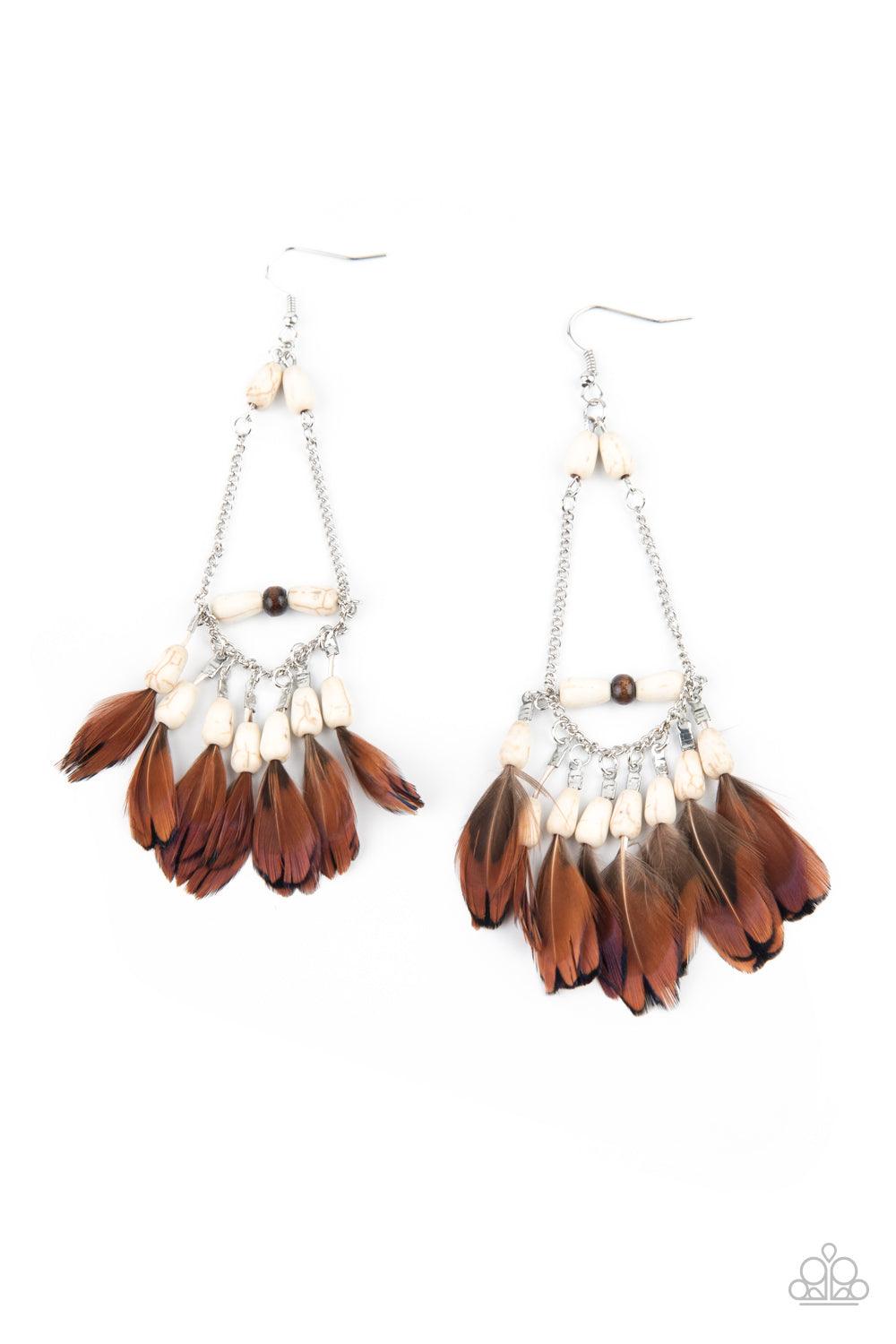Paparazzi Accessories Haute Hawk - White Infused with a wooden accent, an earthy assortment of white stone teardrop beads and dainty brown feathers create a free-spirited fringe at the bottom of a shimmery silver chain teardrop for a wildly wonderful fini