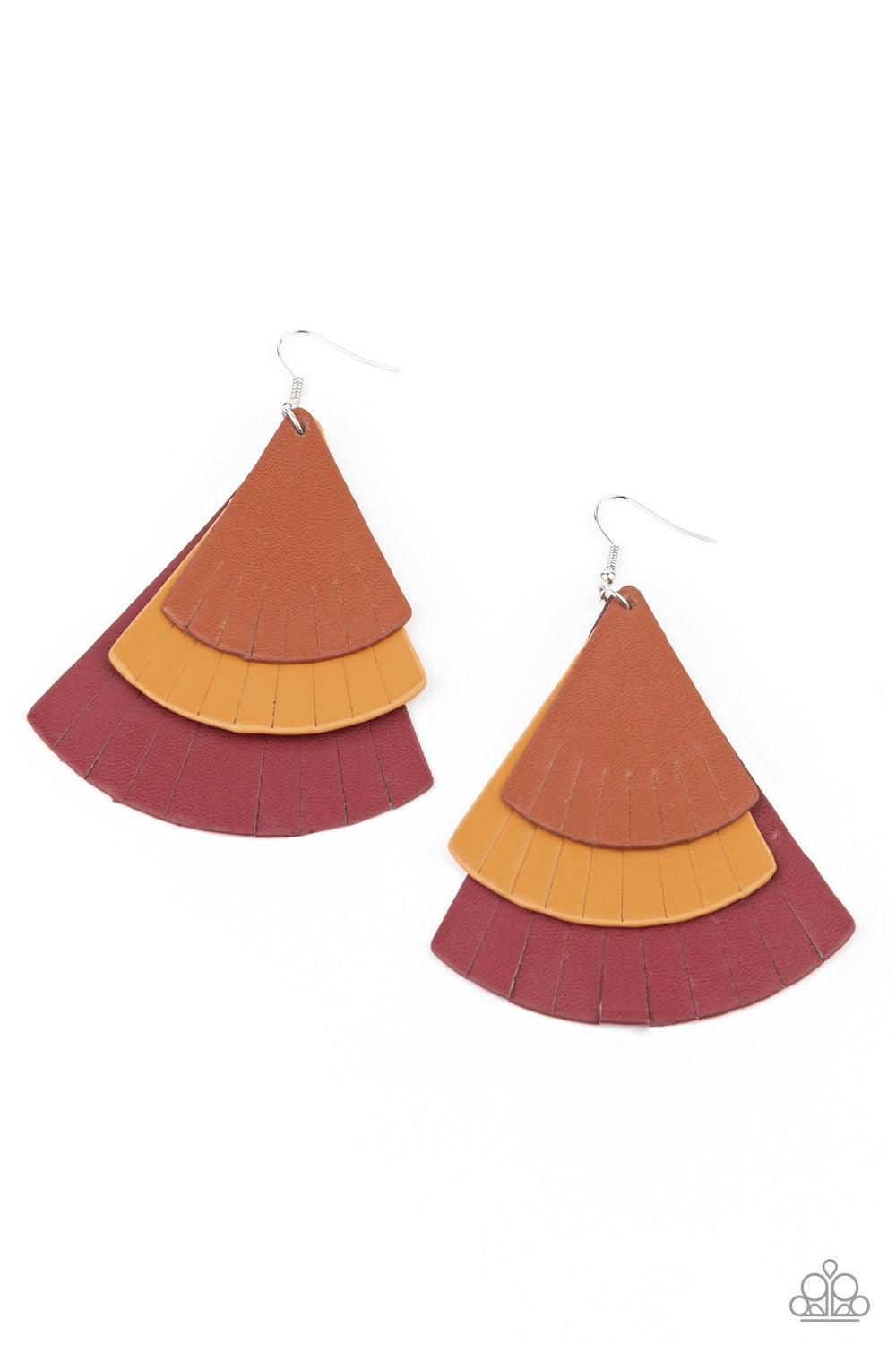 Paparazzi Accessories Huge Fanatic - Multi Featuring tapered edges, brown, tan, and Samba leather triangular frames delicately overlap into a colorfully rustic frame. Earring attaches to a standard fishhook fitting. Sold as one pair of earrings. Jewelry