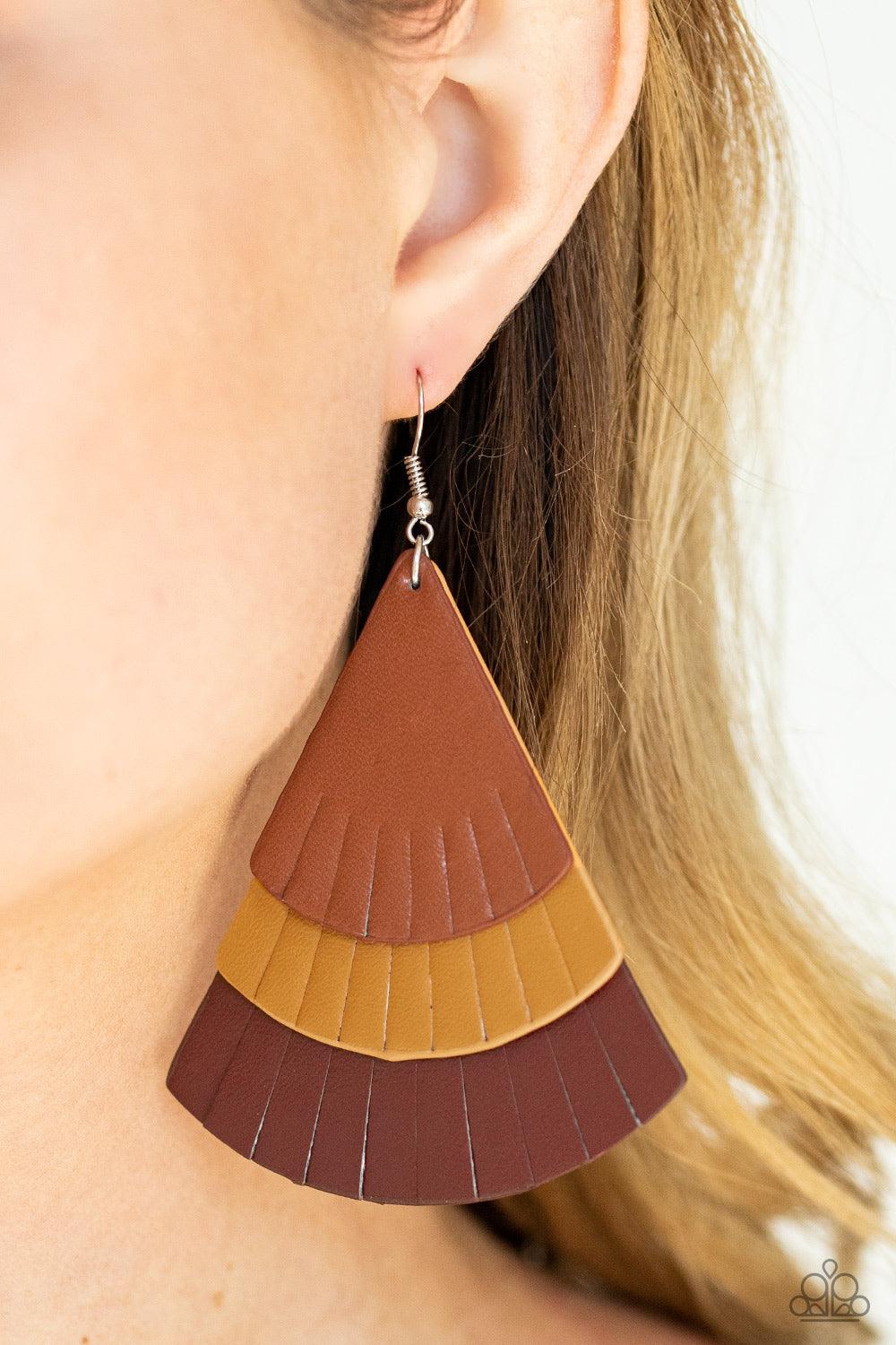 Paparazzi Accessories Huge Fanatic - Multi Featuring tapered edges, brown, tan, and Samba leather triangular frames delicately overlap into a colorfully rustic frame. Earring attaches to a standard fishhook fitting. Sold as one pair of earrings. Jewelry