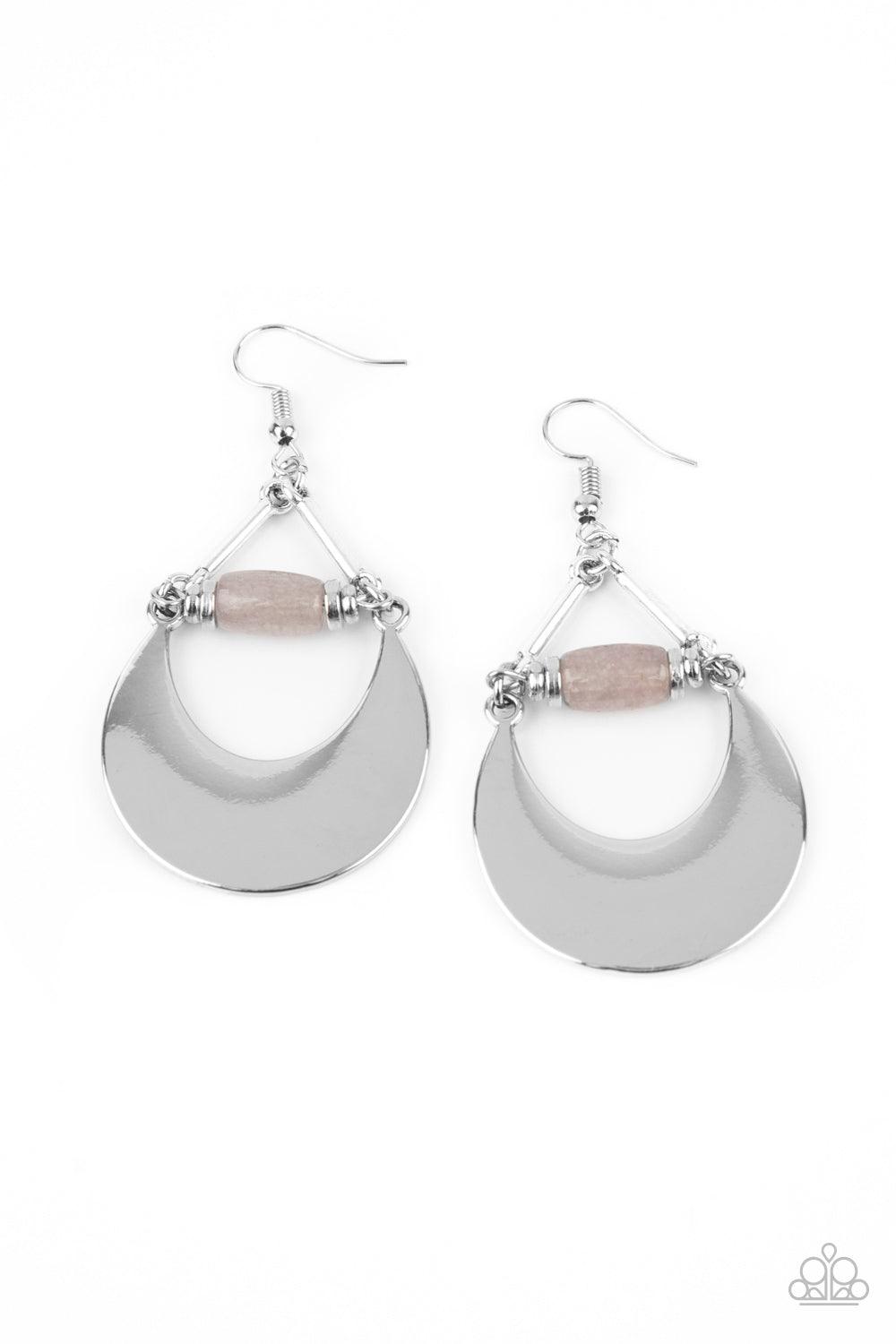 Paparazzi Accessories Mystical Moonbeams - Silver A silver crescent frame swings from the bottom of a silver and gray stone beaded fitting, creating a mystical display. Earring attaches to a standard fishhook fitting. Sold as one pair of earrings. Earring