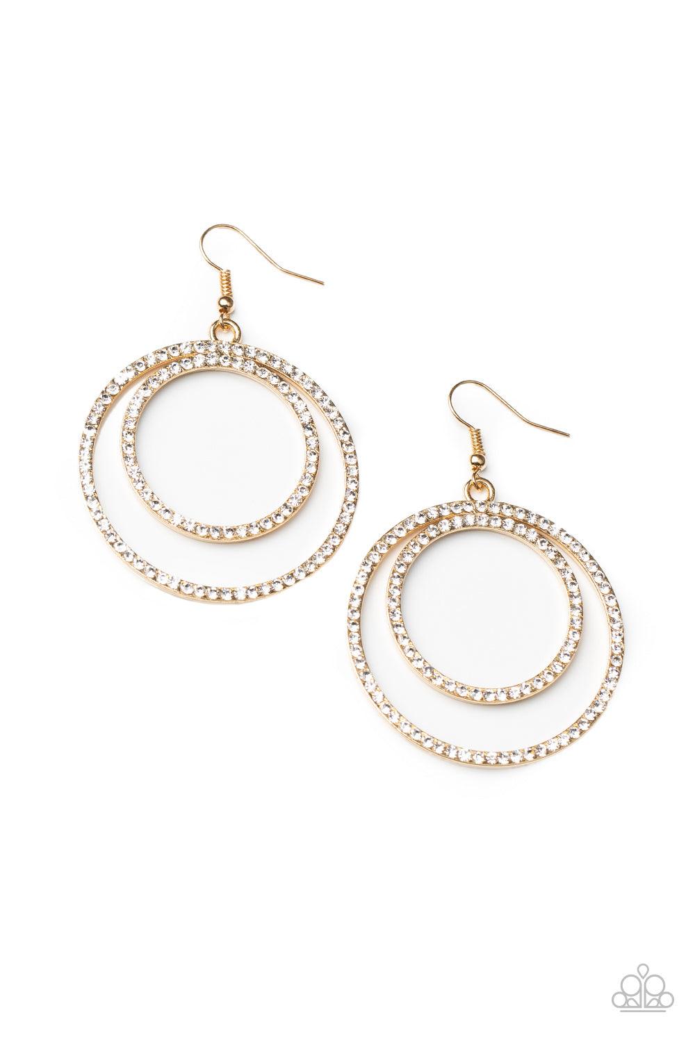 Paparazzi Accessories Radiating Refinement - Gold Encrusted in dainty white rhinestones, a pair of gold hoops delicately connect into a rippling frame for a glamorous finish. Earring attaches to a standard fishhook fitting. Sold as one pair of earrings. J