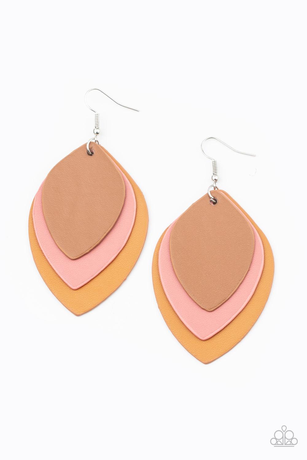 Paparazzi Accessories Light as a LEATHER - Multi Leafy brown, Rose Tan, and tan leather frames delicately layer into a seasonal lure. Earring attaches to a standard fishhook fitting. Sold as one pair of earrings. Jewelry