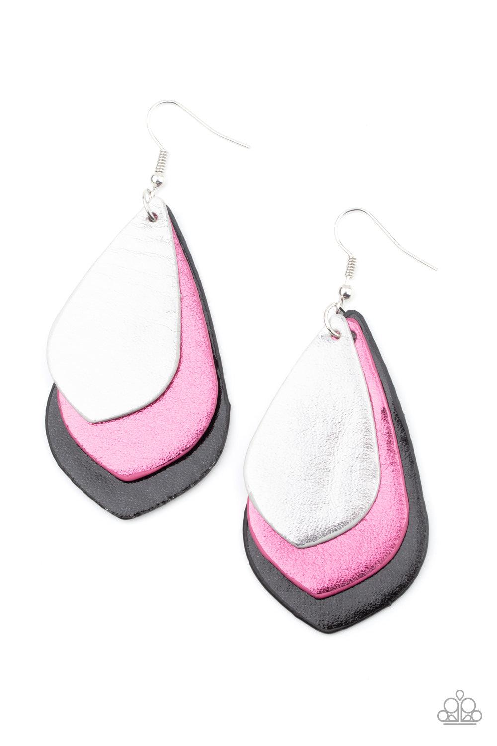 Paparazzi Accessories GLISTEN Up! - Multi Featuring a metallic shimmer, silver, pink, and black leather teardrop frames layer into a shimmery stacked lure. Earring attaches to a standard fishhook fitting. Sold as one pair of earrings. Jewelry