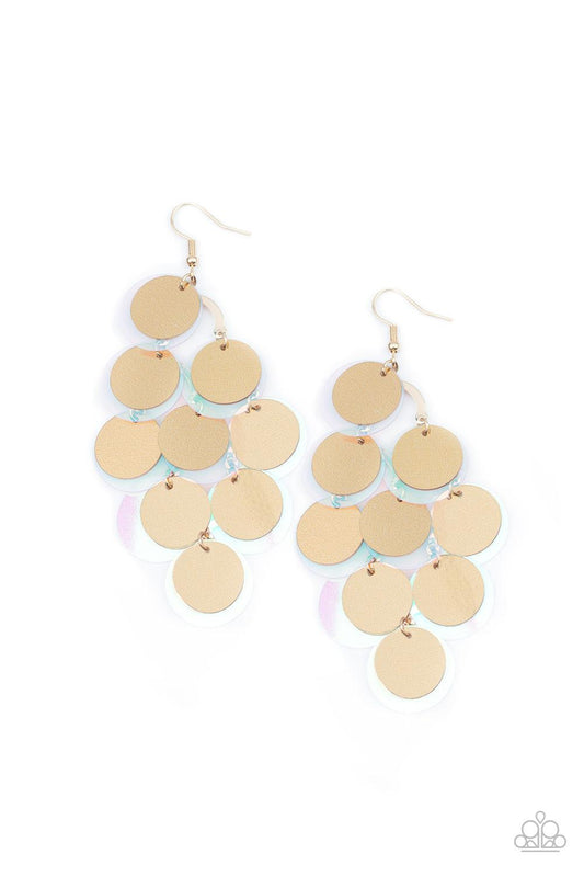 Paparazzi Accessories Sequin Seeker - Gold A bubbly collection of oversized gold and iridescent sequins cascade from the ear, creating a flirty holographic fringe. Earring attaches to a standard fishhook fitting. Sold as one pair of earrings. Jewelry