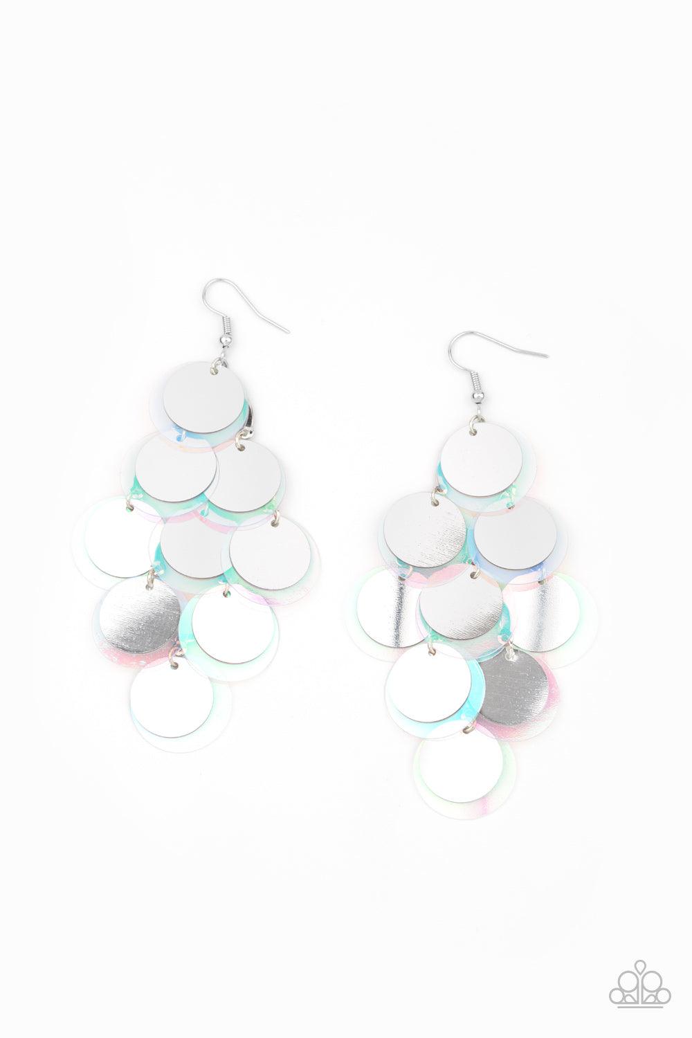 Paparazzi Accessories Sequin Seeker - Silver A bubbly collection of oversized silver and iridescent sequins cascade from the ear, creating a flirty holographic fringe. Earring attaches to a standard fishhook fitting. Sold as one pair of earrings. Jewelry