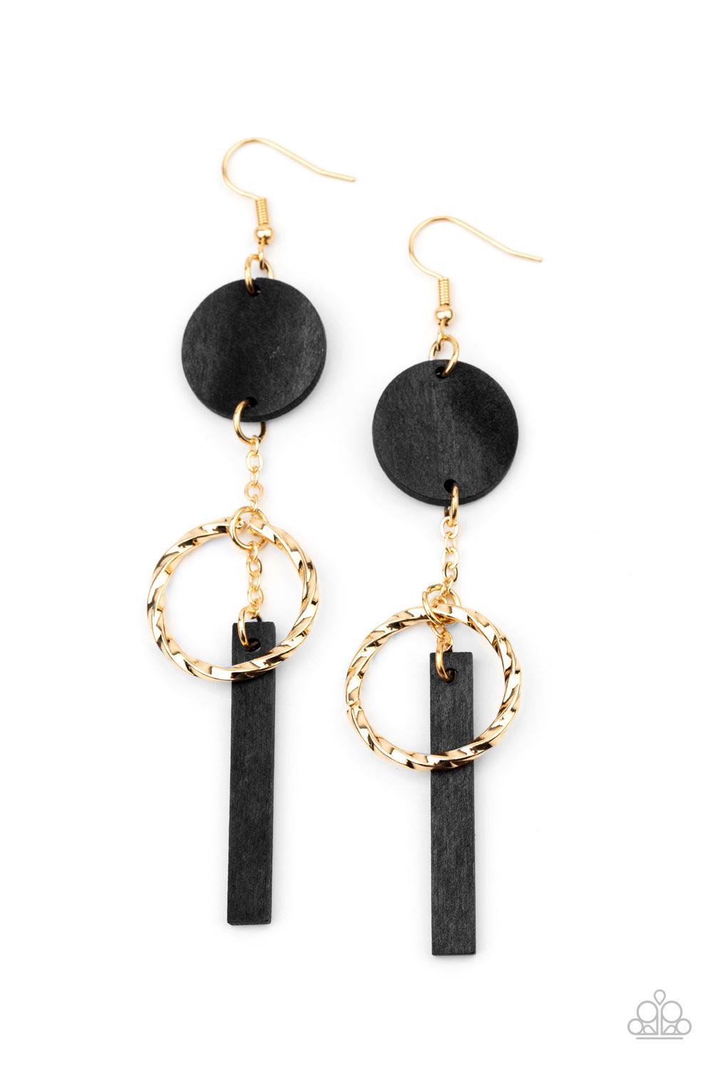 Paparazzi Accessories Raw Refinement - Black A twisted gold hoop is suspended between round and rectangular black wooden frames, creating a refined lure. Earring attaches to a standard fishhook fitting. Sold as one pair of earrings. Jewelry