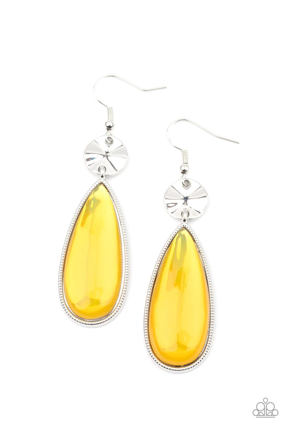 Paparazzi Accessories Jaw-Dropping Drama - Yellow A creased silver disc gives way to a dramatically oversized glassy yellow teardrop frame, creating a colorful statement. Earring attaches to a standard fishhook fitting. Sold as one pair of earrings. Jewel