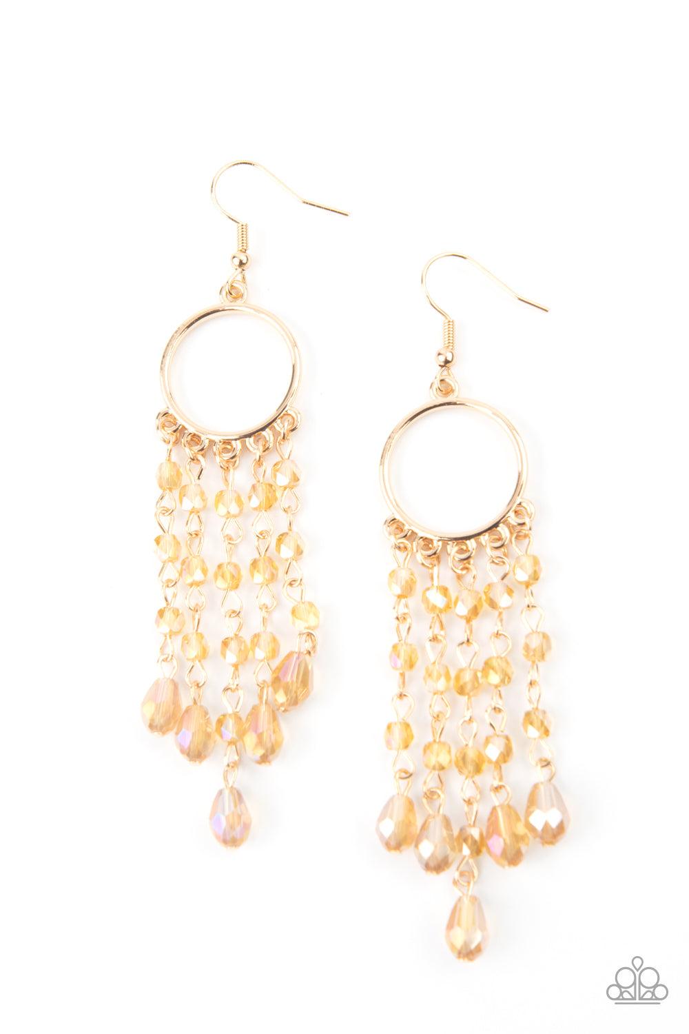 Paparazzi Accessories Dazzling Delicious - Gold Glittery rows of iridescently golden crystal-like beads stream from the bottom of a dainty gold hoop, creating a dazzling chandelier. Earring attaches to a standard fishhook fitting. Sold as one pair of earr