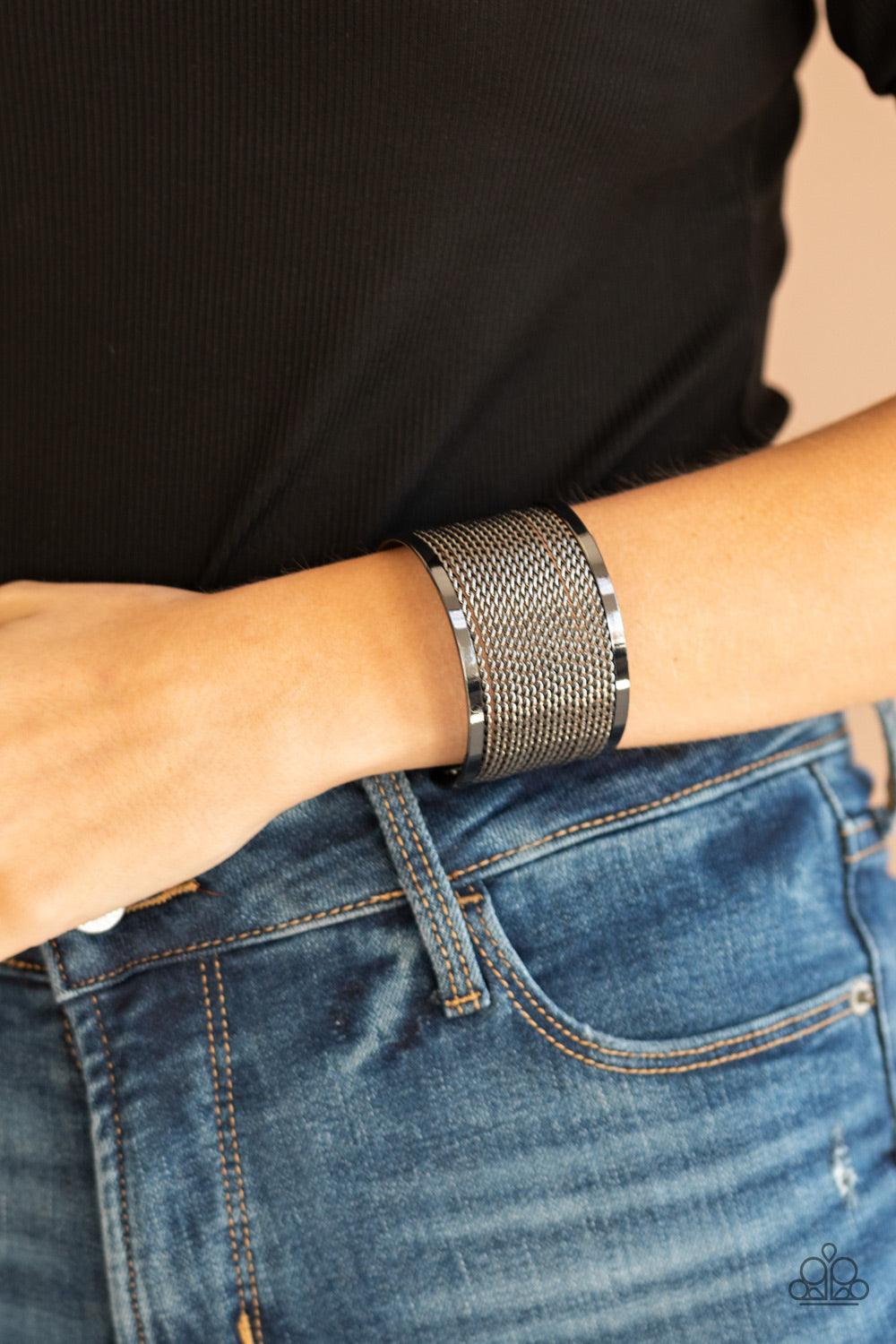 Paparazzi Accessories Stacked Sensation - Black Twisted rows of gunmetal wire layer between two flat gunmetal bars, coalescing into a boldly stacked cuff around the wrist. Sold as one individual bracelet. Jewelry