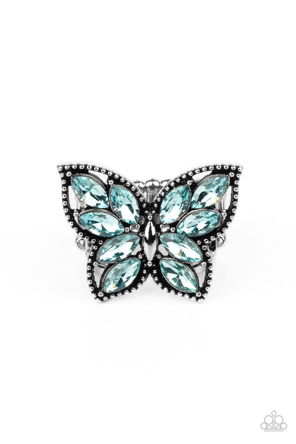 Paparazzi Accessories Fluttering Fashionista - Blue The wings of a studded silver butterfly have been adorned in glittery blue marquise rhinestones, creating a glamorous centerpiece atop the finger. Features a stretchy band for a flexible fit. Sold as one