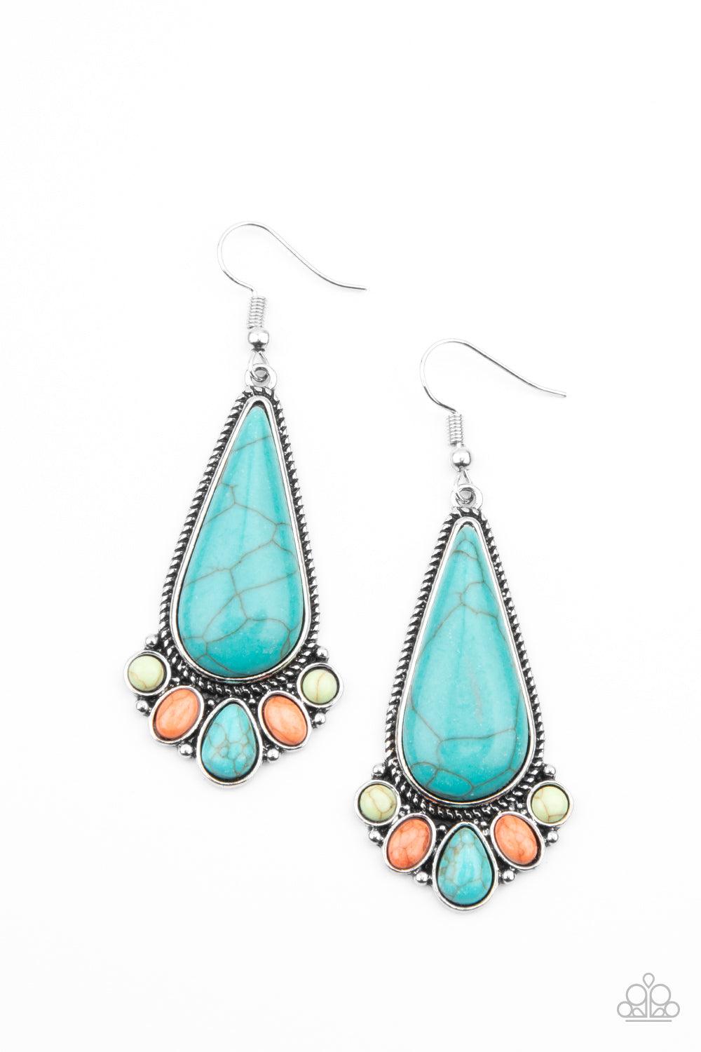 Paparazzi Accessories Rural Recluse - Multi A dainty collection of round, oval, and teardrop multicolored stones fan out from the bottom of an oversized teardrop turquoise frame for a simple seasonal flair. Earring attaches to a standard fishhook fitting.