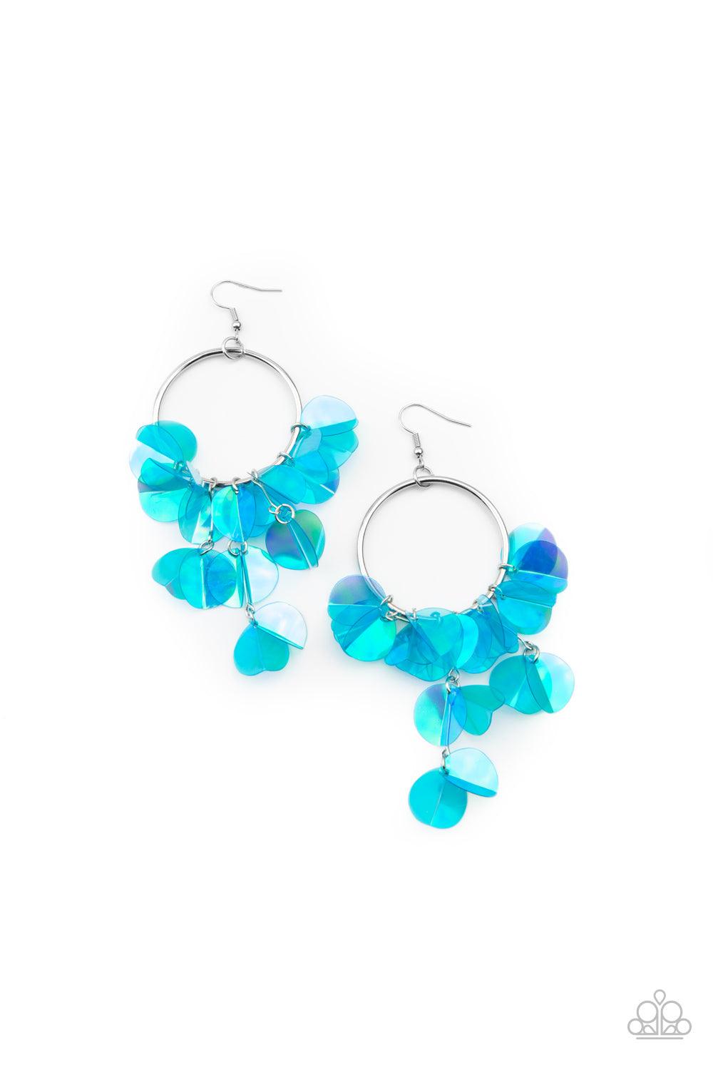 Paparazzi Accessories Holographic Hype - Blue Delicately folded in half, tassels of creased iridescent blue sequins swing from the bottom of a shiny silver hoop, creating an effervescent fringe. Earring attaches to a standard fishhook fitting. Sold as one
