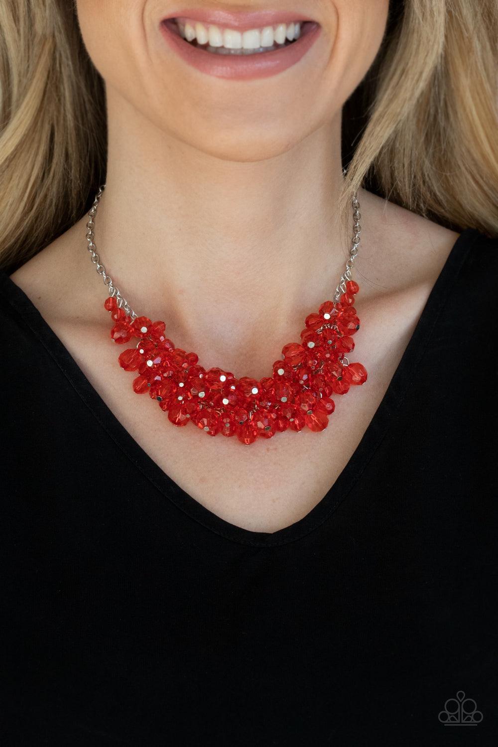 Paparazzi Accessories Let The Festivities Begin - Red Row after row of glittery red crystal-like beads swing from interconnected strands of silver chain, creating a colorfully effervescent fringe below the collar. Features an adjustable clasp closure. Sol