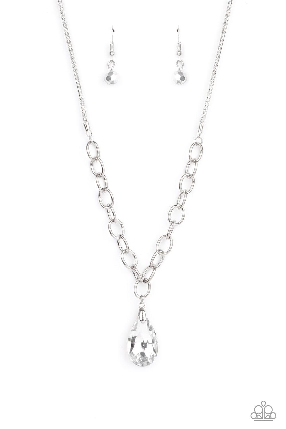 Paparazzi Accessories Mega Modern - Silver A glassy white teardrop swings from the bottom of a chunky silver chain that attaches to a shimmery silver popcorn chain, creating a modern display below the collar. Features an adjustable clasp closure. Sold as