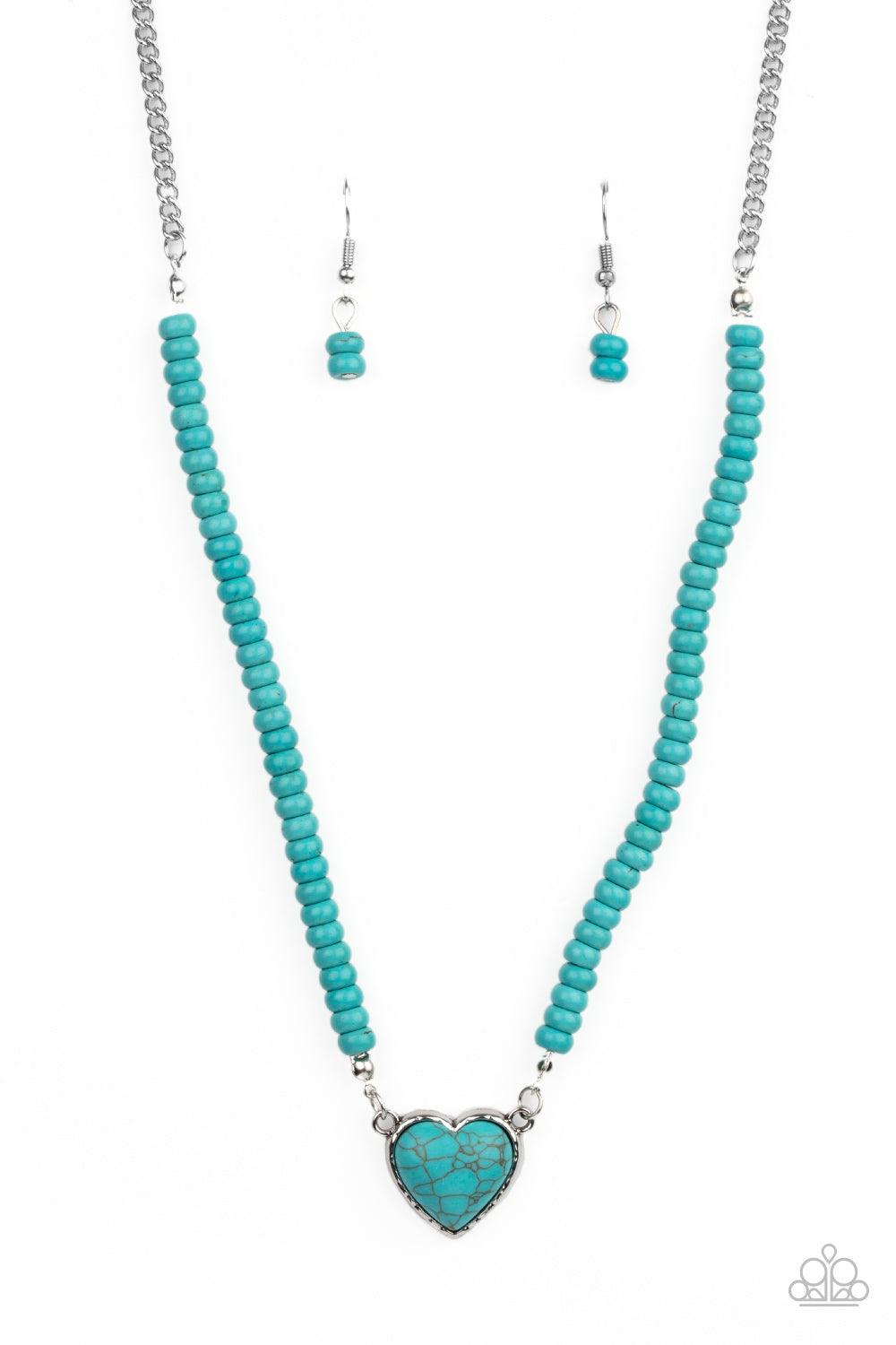 Paparazzi Accessories Country Sweetheart - Blue Infused with turquoise stone beads, a charming turquoise heart stone pendant swings below the collar for a free-spirited look. Features an adjustable clasp closure. Sold as one individual necklace. Includes