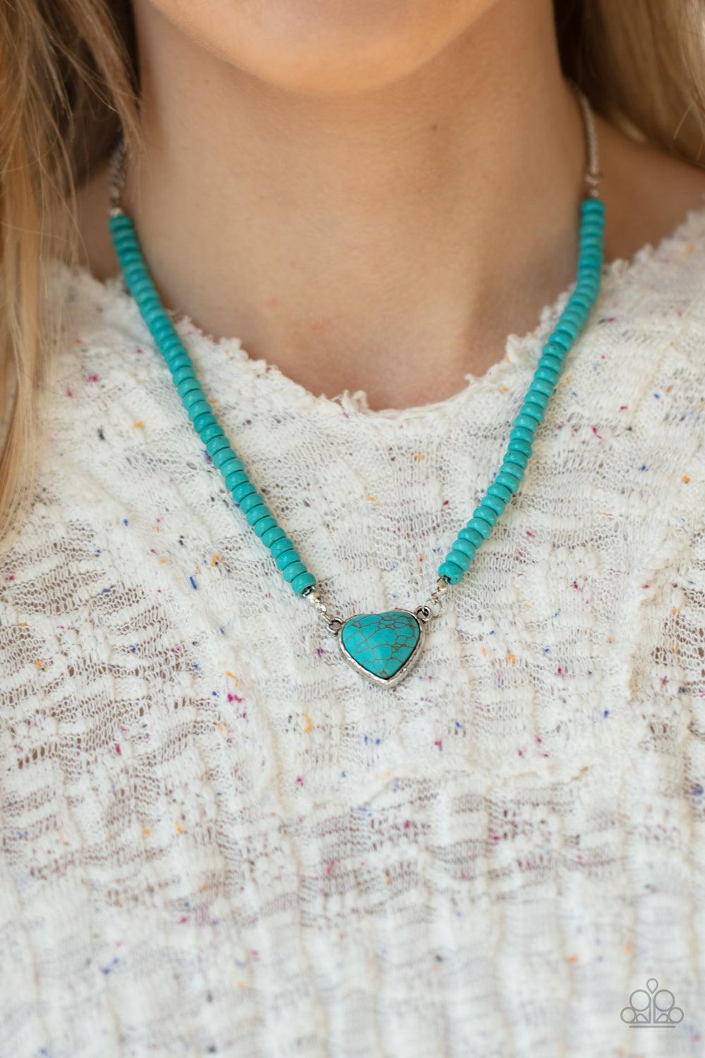 Paparazzi Accessories Country Sweetheart - Blue Infused with turquoise stone beads, a charming turquoise heart stone pendant swings below the collar for a free-spirited look. Features an adjustable clasp closure. Sold as one individual necklace. Includes