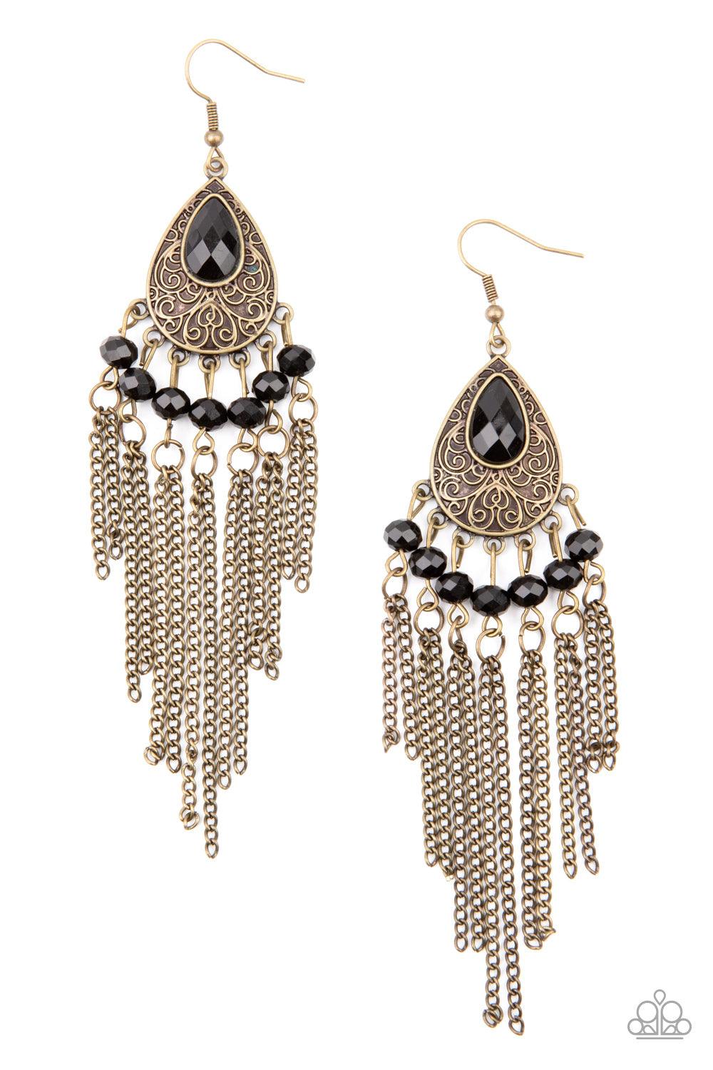 Paparazzi Accessories Floating on HEIR - Brass Dotted with glittery black rhinestones, antiqued brass chains stream from the bottom of a brass filigree embossed teardrop, creating a whimsical fringe. A teardrop black rhinestone dots the frame for a dazzli