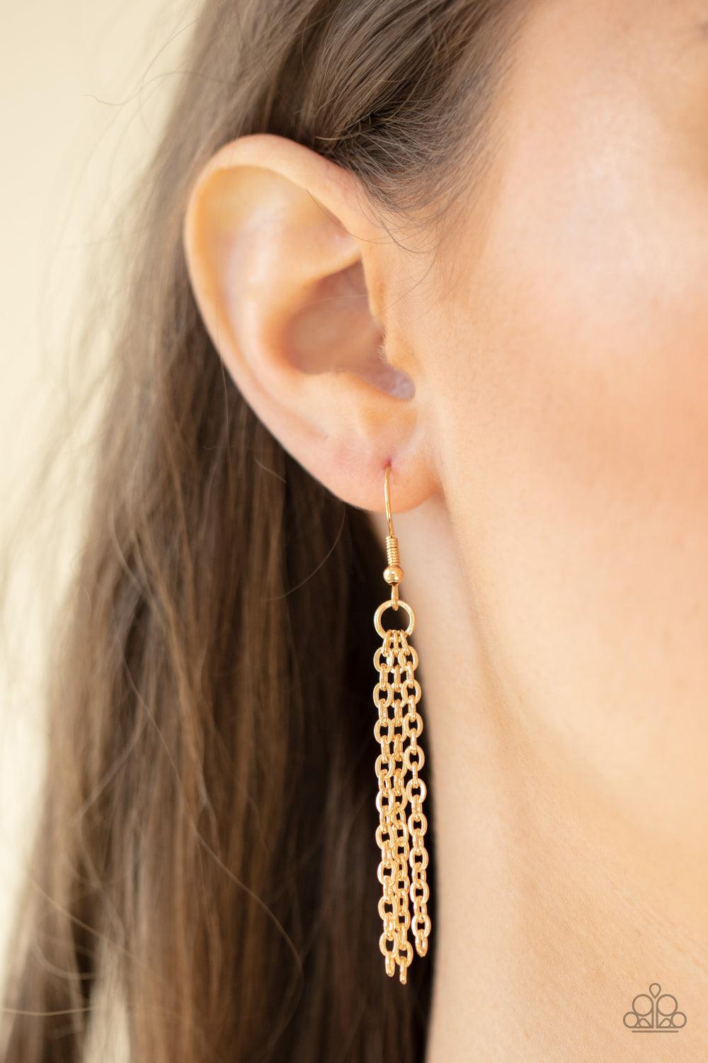 Paparazzi Accessories Light It Up - Gold A glistening gold disc is stamped in the inspiring phrase, "Let your light shine," at the bottom of a shiny gold chain. Features an adjustable clasp closure. Sold as one individual necklace. Includes one pair of ma