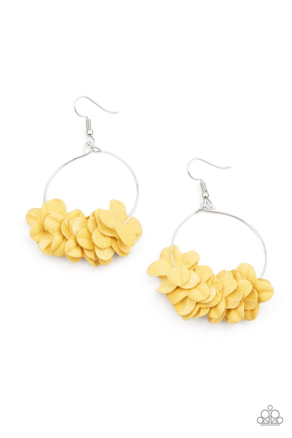Paparazzi Accessories Flirty Florets - Yellow Featuring the sunny shade of Illuminating, a collection of yellow paper-like flowers are threaded along a dainty silver hoop, creating a flirtatious floral fringe. Earring attaches to a standard fishhook fitti