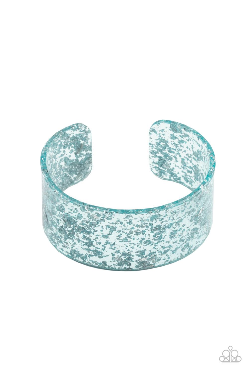 Paparazzi Accessories Snap, Crackle, Pop! - Blue Dainty silvery shavings are encased in a thick blue acrylic cuff, creating an icy incandescence around the wrist. Sold as one individual bracelet. Jewelry