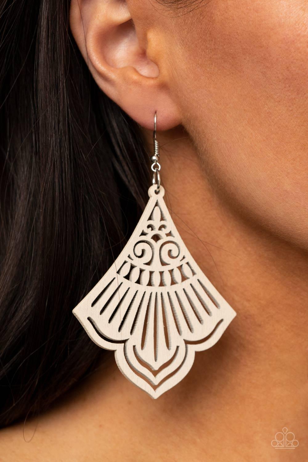Paparazzi Accessories Eastern Escape - White Painted in a rustic white finish, a scalloped wooden frame is cutout in airy stenciled details for a whimsical finish. Earring attaches to a standard fishhook fitting. Sold as one pair of earrings. Jewelry