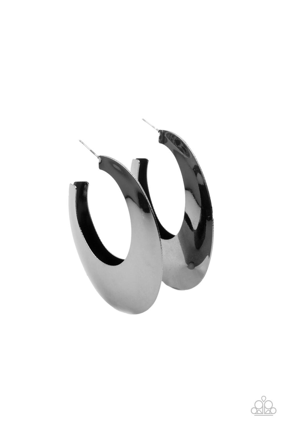 Paparazzi Accessories Going OVAL-board - Black Two gunmetal frames join into a beveled oval shaped hoop, creating a bold pop of metallic shimmer. Earring attaches to a standard post fitting. Hoop measures approximately 1 3/4" in diameter. Sold as one pair