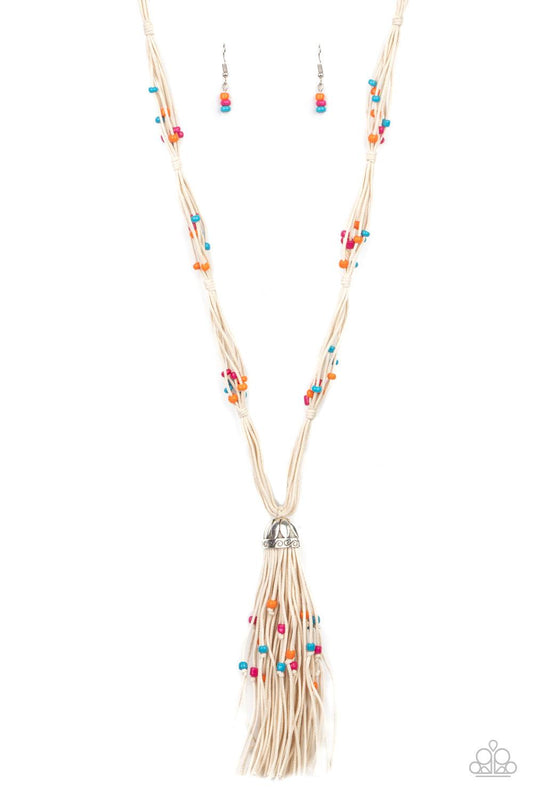 Paparazzi Accessories Summery Sensations - Multi Dainty orange, blue, and pink wooden beads are sporadically threaded along earthy strands of knotted twine-like layers draped across the chest. Matching beaded strands stream out from the bottom of a decora