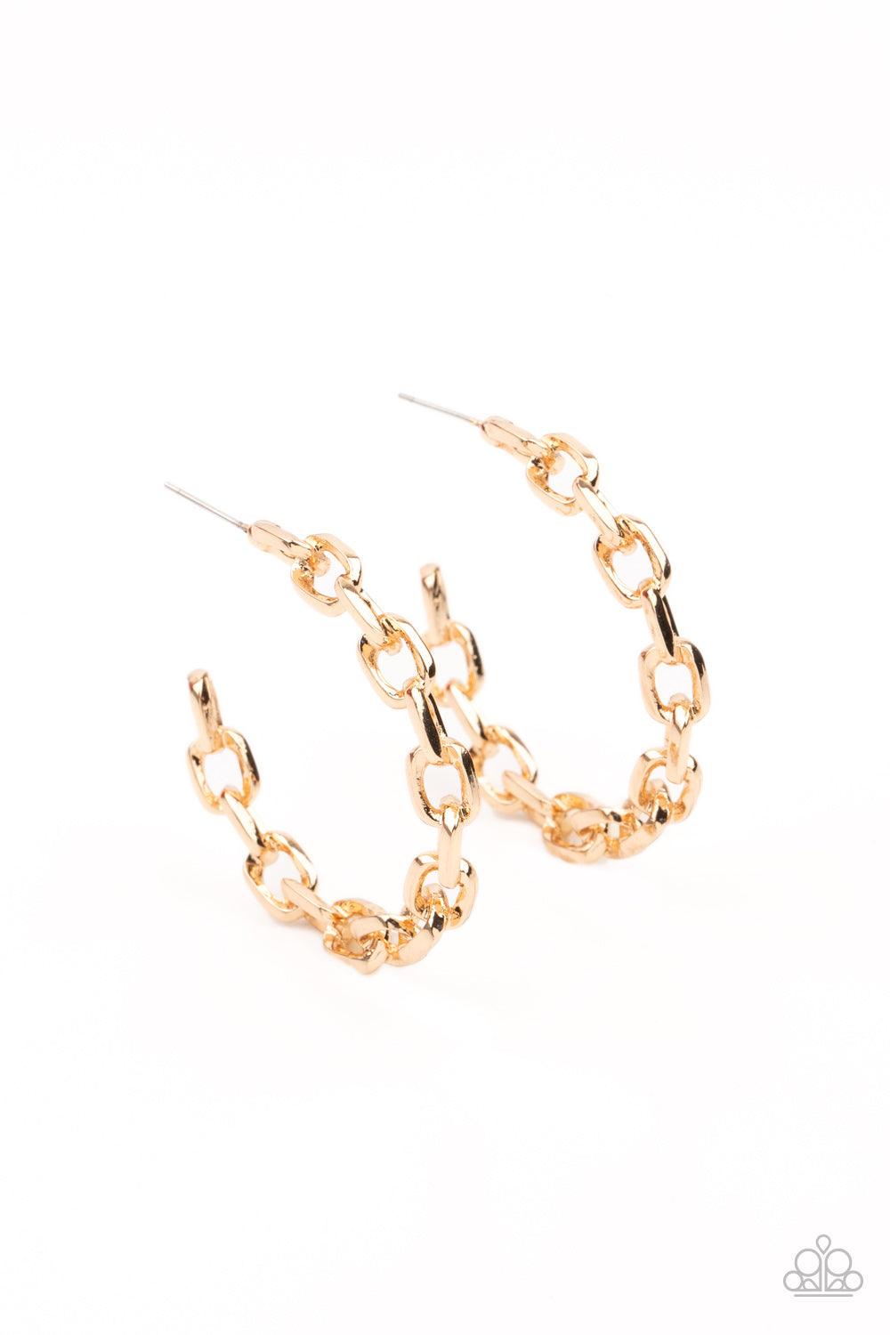 Paparazzi Accessories Stronger Together - Gold An immovable row of gold chain delicately twists into an edgy hoop for an intense industrial vibe. Earring attaches to a standard post fitting. Hoop measures approximately 1 3/4" in diameter. Sold as one pair