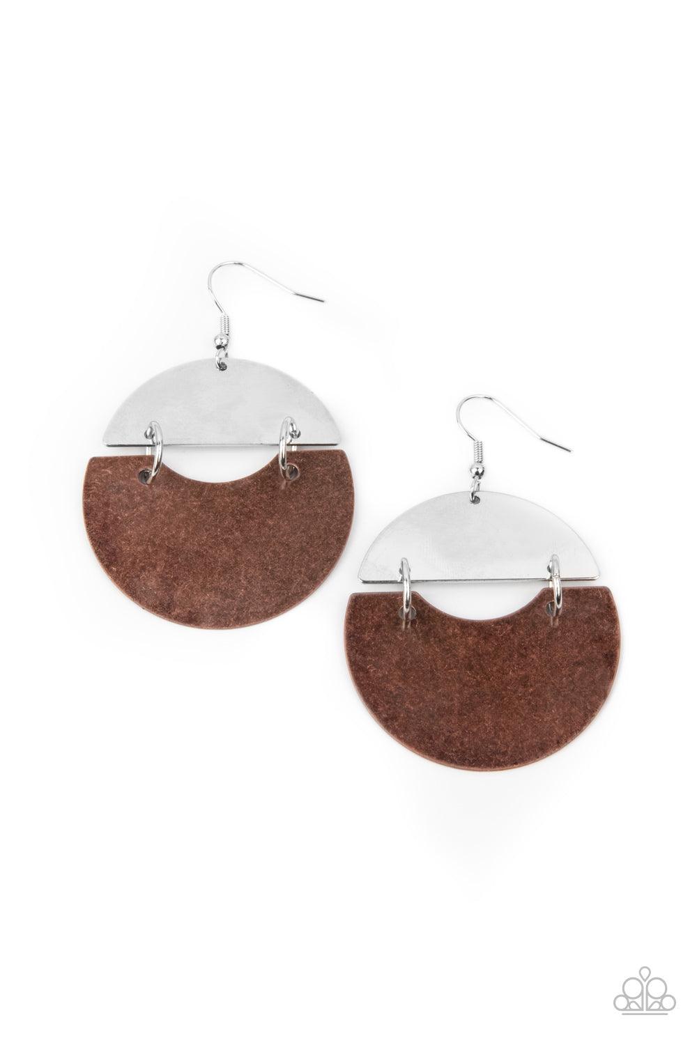 Paparazzi Accessories Watching The Sunrise - Copper An antiqued copper frame links to a shiny silver crescent, creating a rustic lure. Earring attaches to a standard fishhook fitting. Sold as one pair of earrings. Jewelry