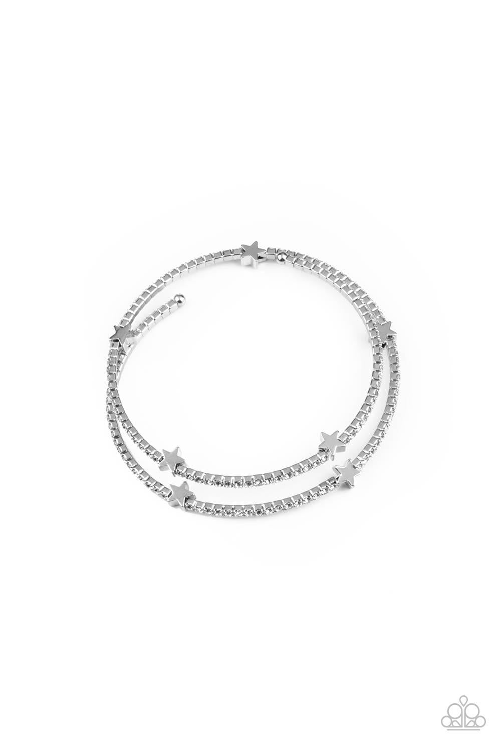 Paparazzi Accessories Let Freedom BLING - White Dotted with dainty silver star charms, a bendable row of glittery white rhinestones spirals around the wrist, creating a sparkly infinity wrap bracelet. Sold as one individual bracelet. Jewelry