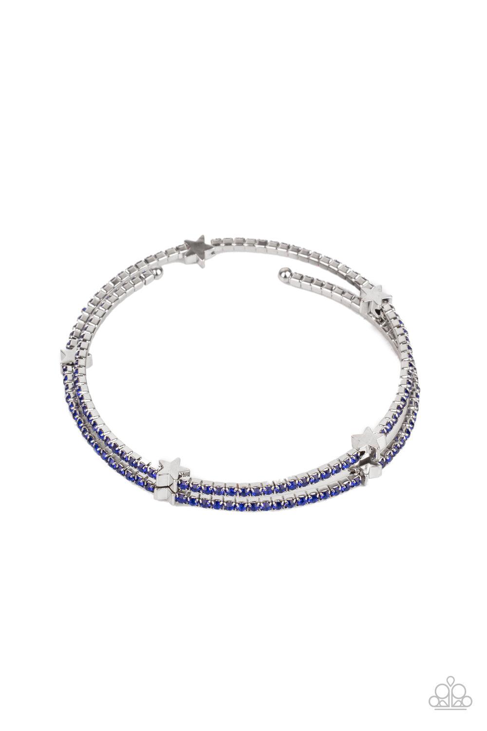 Paparazzi Accessories Let Freedom BLING - Blue Dotted with dainty silver star charms, a bendable row of glittery blue rhinestones spirals around the wrist, creating a sparkly infinity wrap bracelet. Sold as one individual bracelet. Jewelry