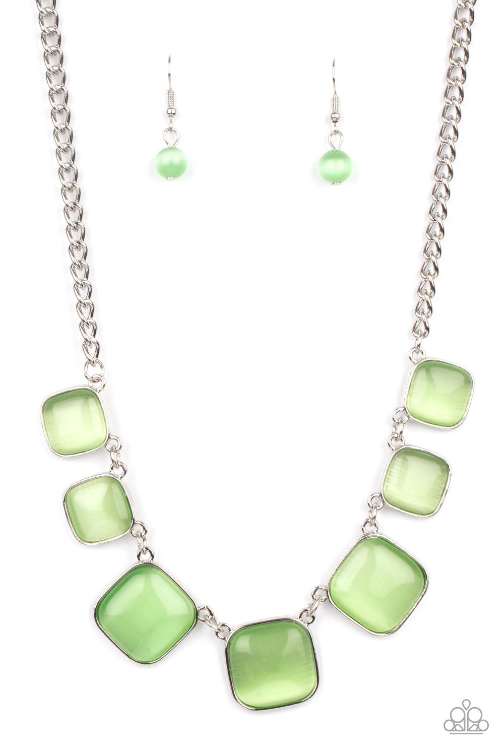 Paparazzi Accessories Aura Allure - Green Encased in square silver fittings, a dewy collection of green cat's eye stones gradually increase in size as they link below the collar for a whimsical pop of color. Features an adjustable clasp closure. Sold as o