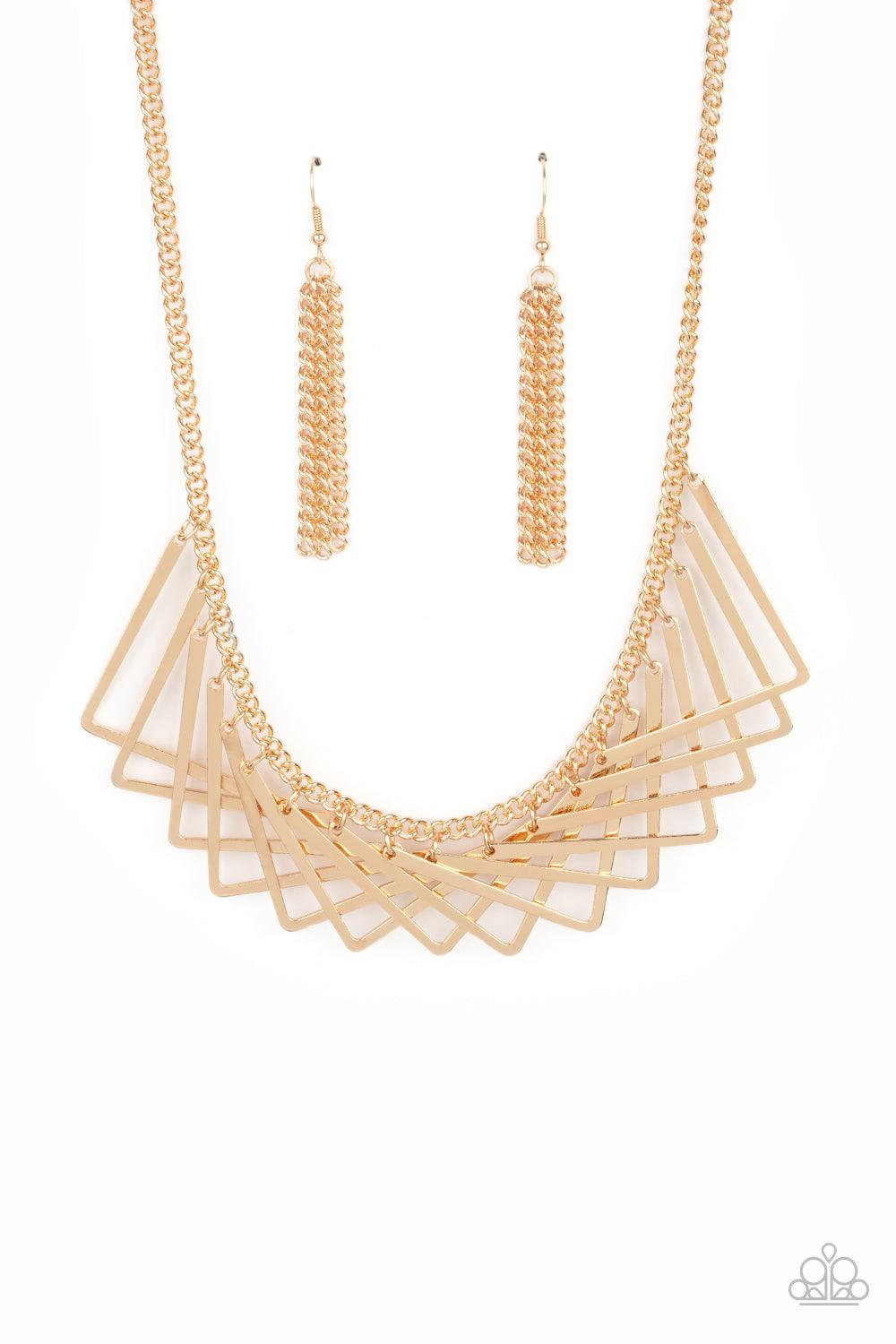 Paparazzi Accessories Metro Mirage - Gold A shiny collection of gold V-shape frames delicately overlap below the collar, creating an edgy optical illusion. Features an adjustable clasp closure. Sold as one individual necklace. Includes one pair of matchin