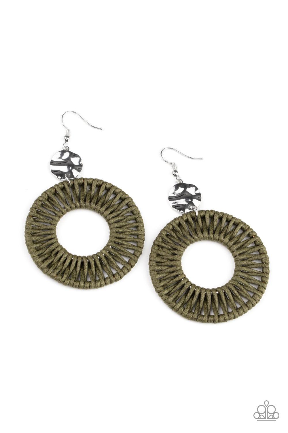 Paparazzi Accessories Total Basket Case - Green Green twine-like cording weaves around two silver rings, creating a woven hoop at the bottom of a hammered silver disc. Earring attaches to a standard fishhook fitting. Sold as one pair of earrings. Jewelry