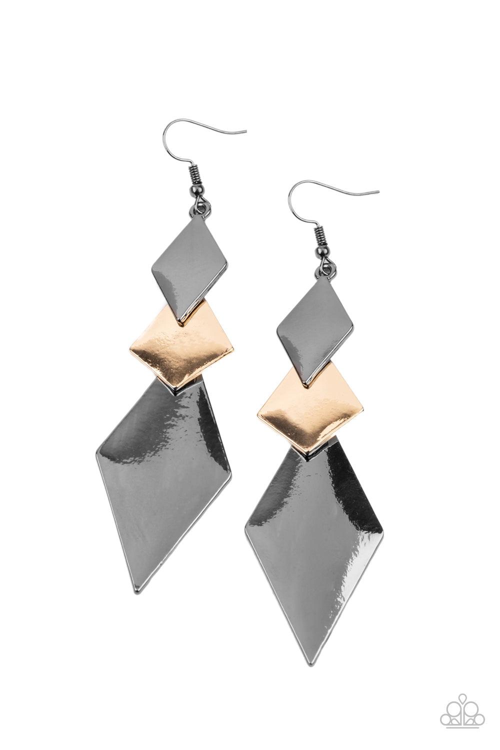 Paparazzi Accessories Danger Ahead - Multi A trio of shiny mismatched gunmetal and gold kite-shaped frames overlap into a sharp-looking lure. Earring attaches to a standard fishhook fitting. Sold as one pair of earrings. Jewelry