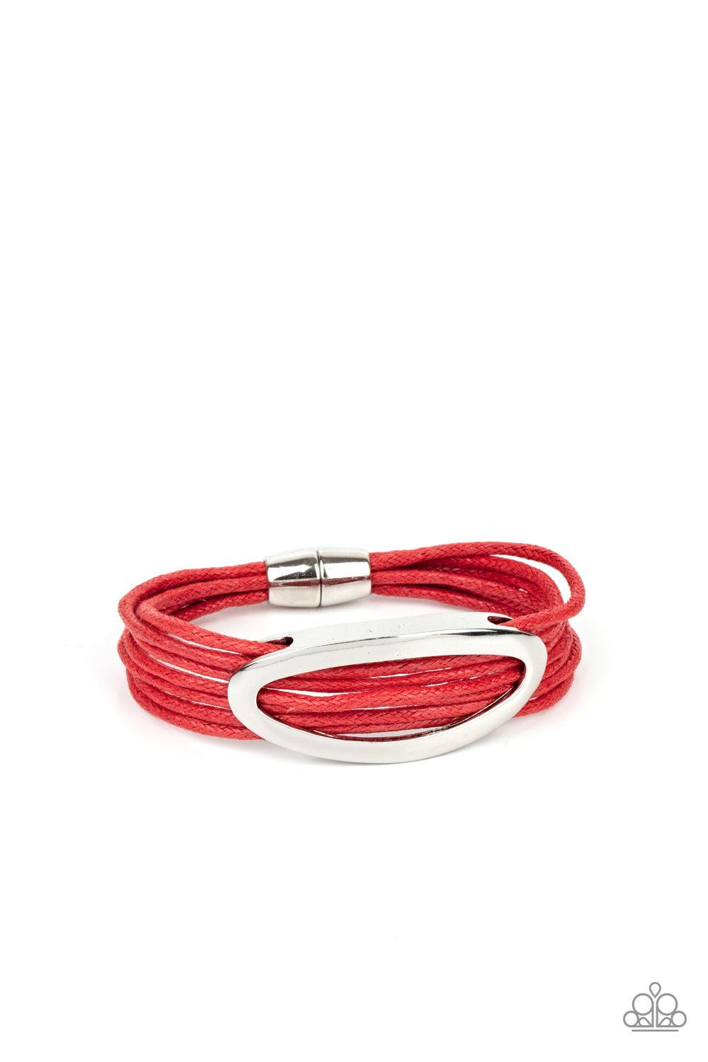 Paparazzi Accessories Corded Couture - Red An oval silver fitting glides along strands of red cording, creating colorful layers around the wrist. Features a magnetic closure. Sold as one individual bracelet. Jewelry