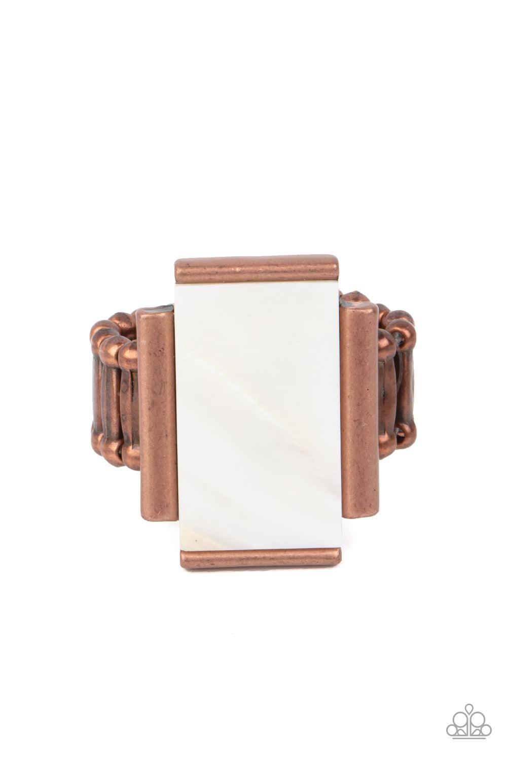 Paparazzi Accessories Mystical Marinas - Copper Featuring an iridescent shimmer, a white shell-like rectangle is nestled between copper bar-like fittings atop the finger for a mystical look. Features a stretchy band for a flexible fit. Sold as one individ