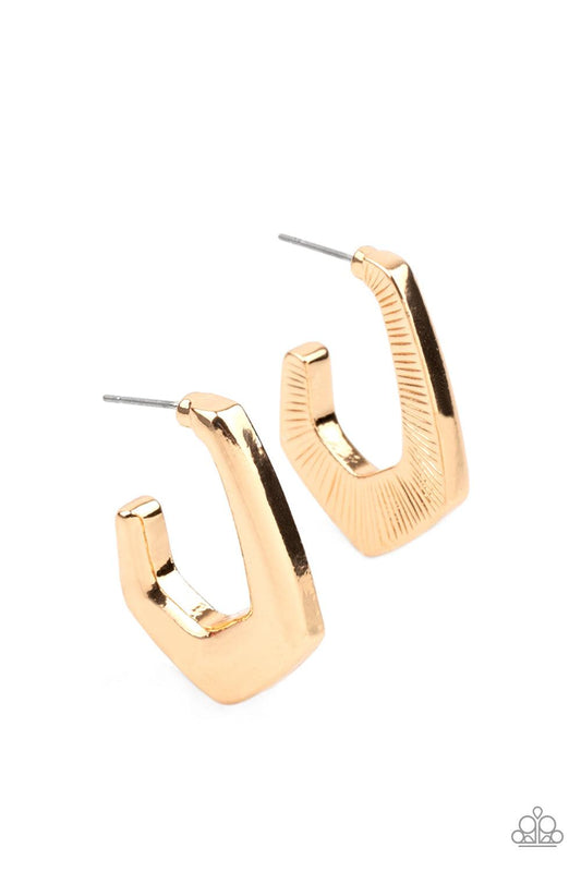 Paparazzi Accessories On The Hook - Gold A glistening gold bar curves into a hook shaped hoop, creating an edgy fashion. Earring attaches to a standard post fitting. Hoop measures approximately 3/4" in diameter. Sold as one pair of hoop earrings. Jewelry
