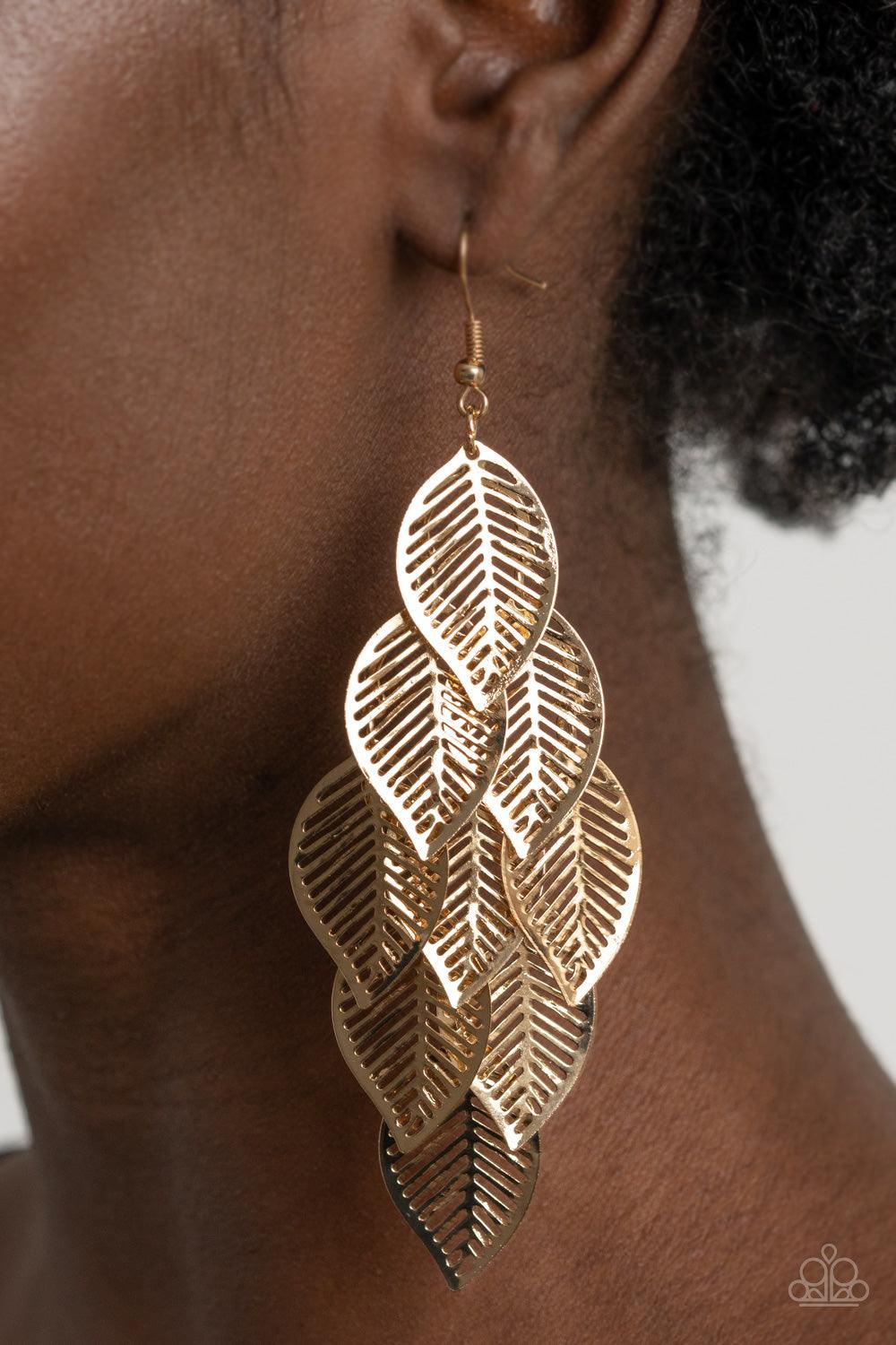 Paparazzi Accessories Limitlessly Leafy - Gold Stenciled gold leaf frames cascade from a gold netted fitting, creating a shimmery leafy fringe. Earring attaches to a standard fishhook fitting. Sold as one pair of earrings. Jewelry