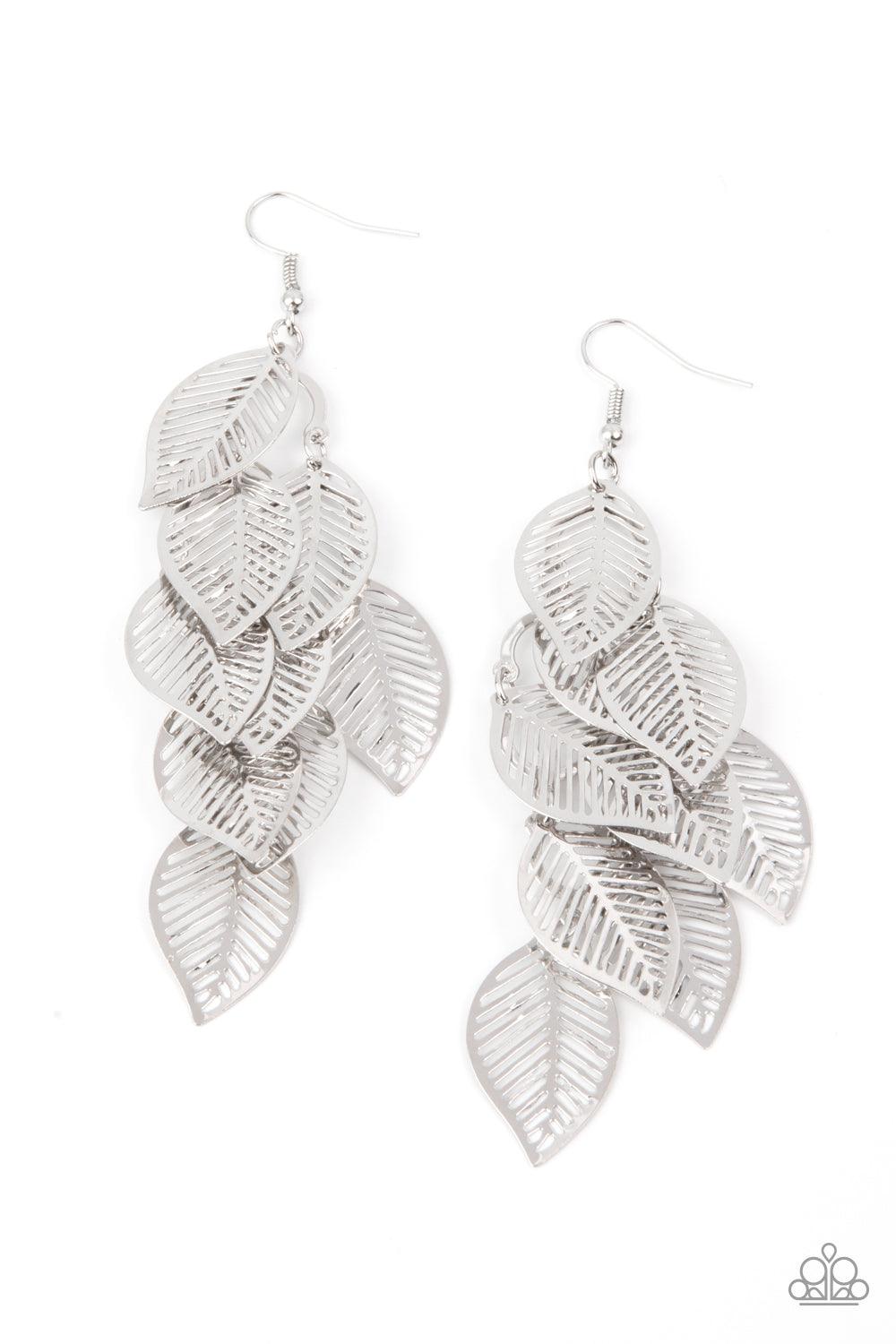 Paparazzi Accessories Limitlessly Leafy - Silver Stenciled silver leaf frames cascade from a silver netted fitting, creating a shimmery leafy fringe. Earring attaches to a standard fishhook fitting. Sold as one pair of earrings. Jewelry