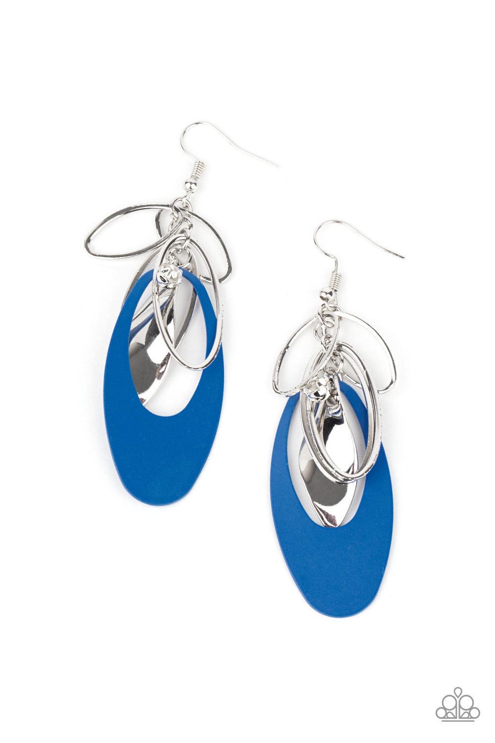 Paparazzi Accessories Ambitious Allure - Blue Infused with a glassy white rhinestone, shiny silver ovals, a twisted silver plate, and an oversized French Blue frame trickle along a shimmery silver chain, creating a noise-making tassel. Earring attaches to