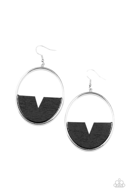 Paparazzi Accessories Island Breeze - Black Featuring a triangular cut, a crescent shaped black wooden frame is fitted in place along the bottom of a shiny silver hoop, creating a retro lure. Earring attaches to a standard fishhook fitting. Sold as one pa