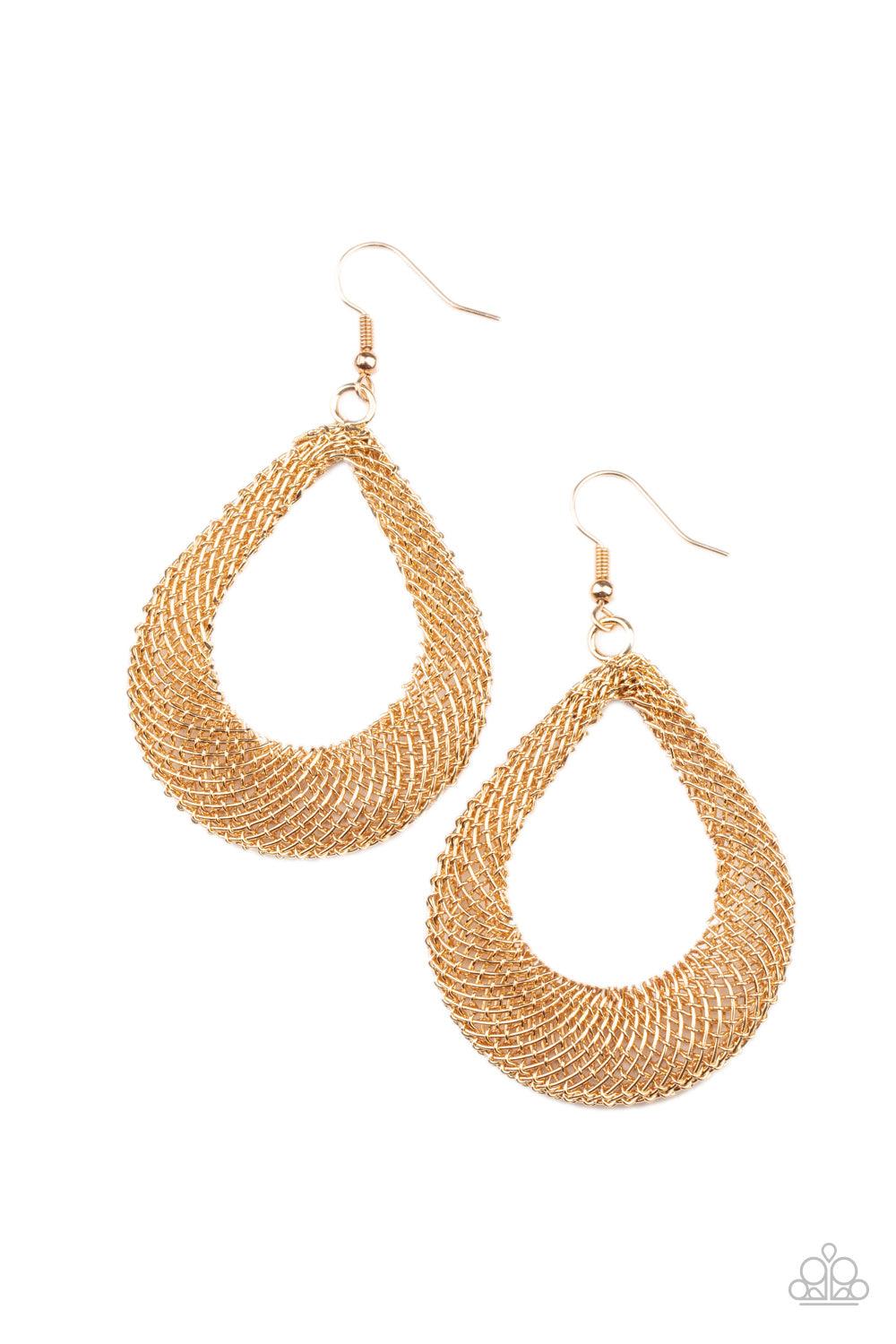 Paparazzi Accessories A Hot MESH - Gold Mesh-like gold chain frames delicately attach into a 3-dimensional teardrop, creating an intense industrial display. Earring attaches to a standard fishhook fitting. Sold as one pair of earrings. Earrings