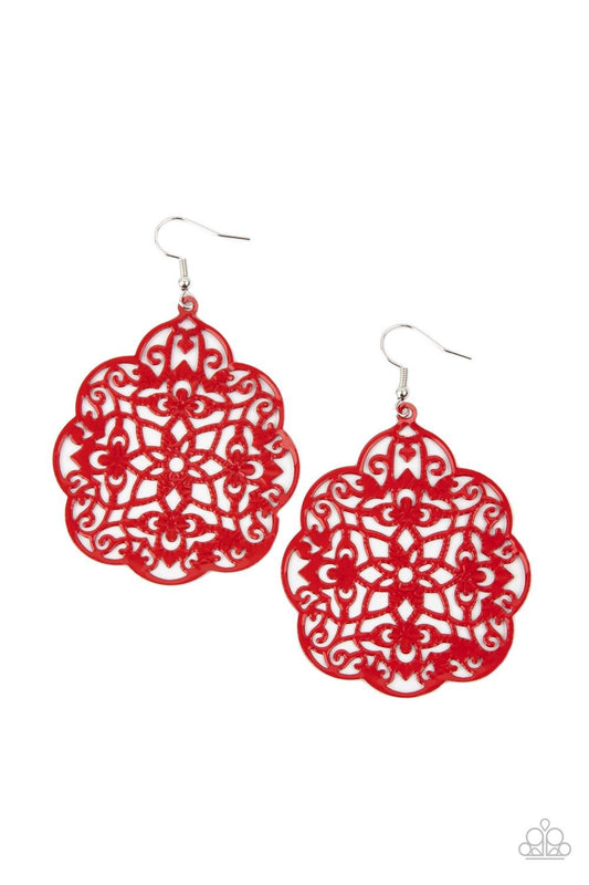 Paparazzi Accessories Mediterranean Eden - Red Filled with a floral filigree backdrop, a scalloped silver frame is painted in a fiery red finish for a colorful flair. Earring attaches to a standard fishhook fitting. Sold as one pair of earrings. Jewelry