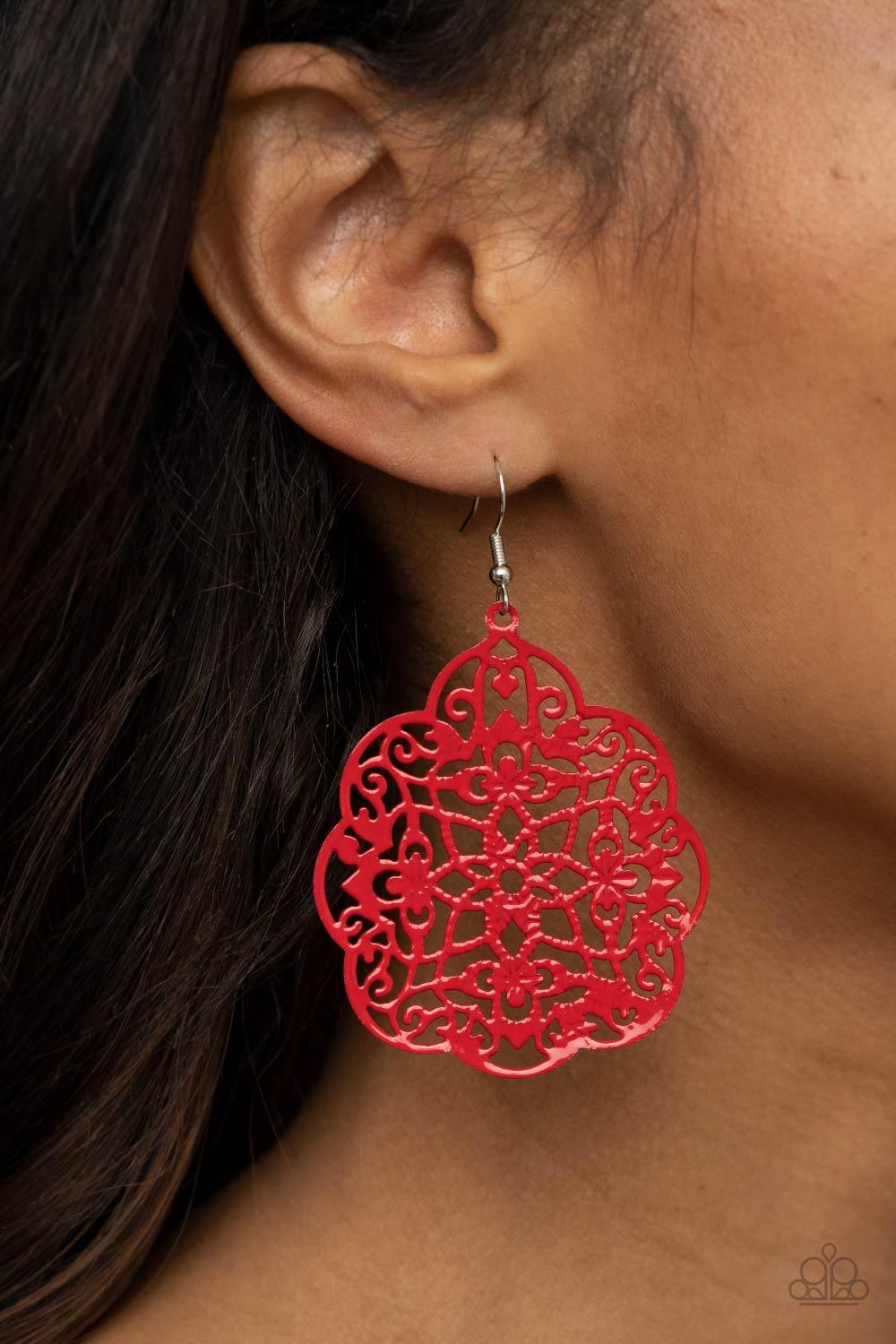 Paparazzi Accessories Mediterranean Eden - Red Filled with a floral filigree backdrop, a scalloped silver frame is painted in a fiery red finish for a colorful flair. Earring attaches to a standard fishhook fitting. Sold as one pair of earrings. Jewelry