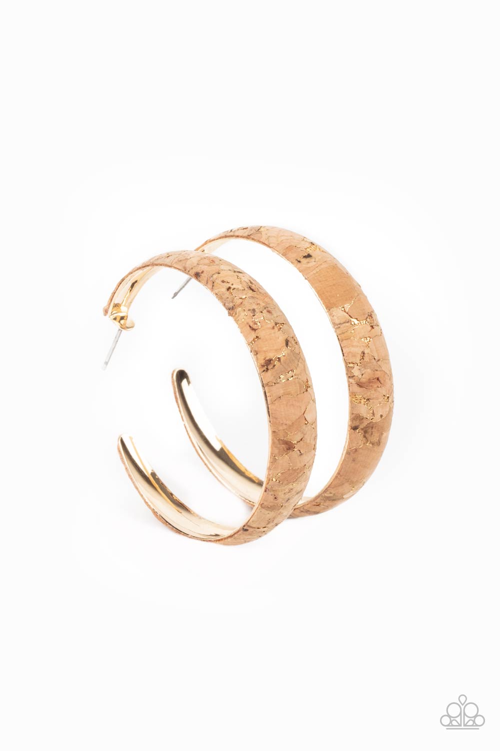 Paparazzi Accessories A CORK In The Road - Gold Golden veins accent the front of a cork lined gold hoop, creating a refined display. Hoop measures approximately 2" in diameter. Earring attaches to a standard post fitting. Sold as one pair of hoop earrings