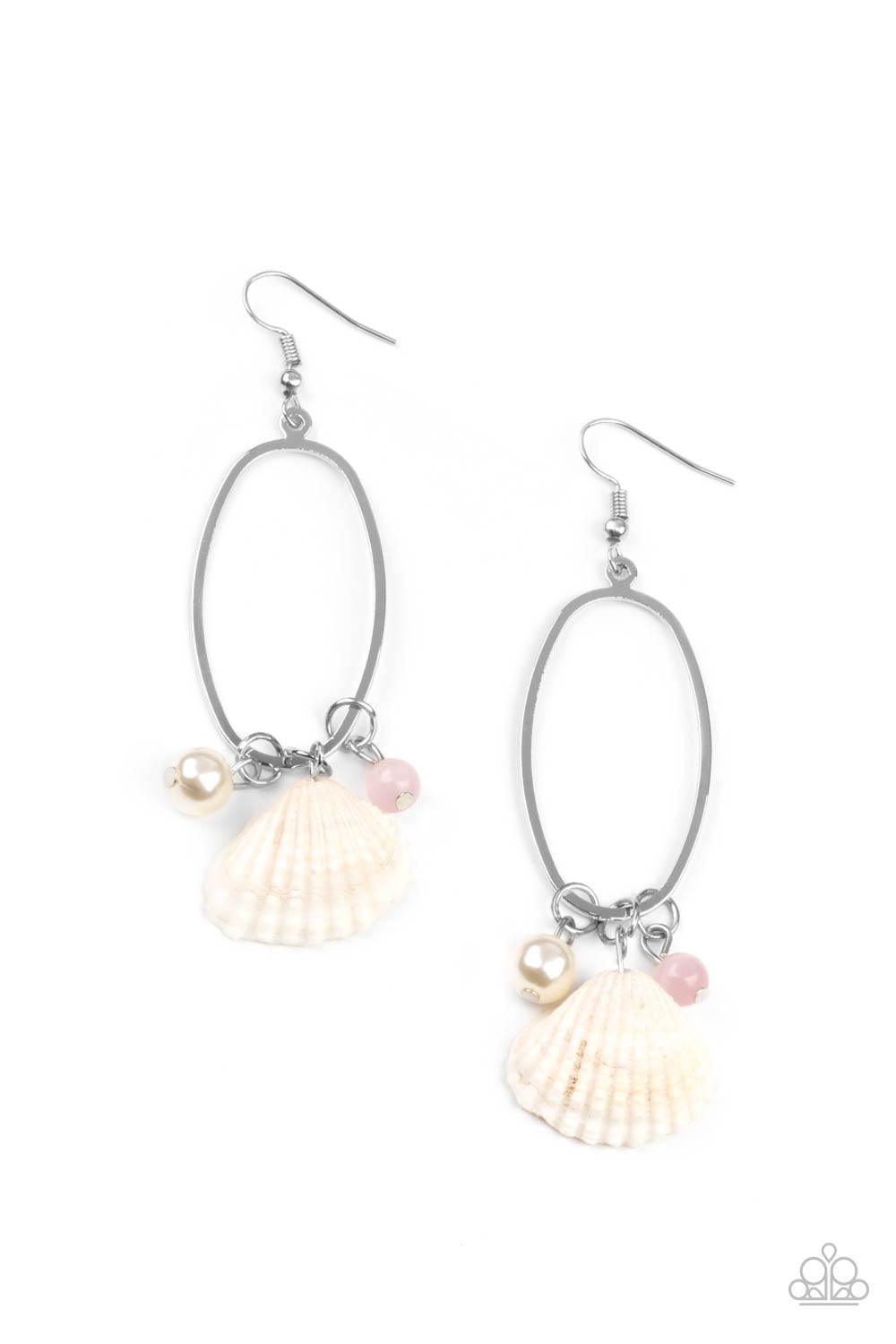 Paparazzi Accessories This Too SHELL Pass - Pink A dainty white shell, glassy pink cat's eye stone bead, and timeless white pearl glide along the bottom of an airy silver oval frame, creating a beach inspired tassel. Earring attaches to a standard fishhoo